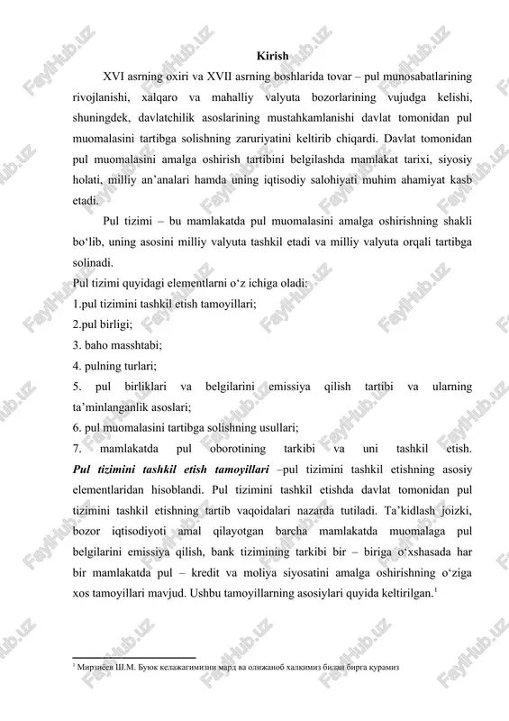 l tizimining turlari kishilik jamiyatining vujudga kelishi, rivojlanishi va takomillashuvi barobarida tovar – pul munosabatlari ham shunga monand holda rivojlanib va takomillashib kelmoqda. shuningdek, pul tizimi ham mavjud ijtimoiy – iqtisodiy jarayonlar davomida ikki turdan iborat bo‘ldi. xususan: – metall pullar tizimi, bunda tovar pul (qimmatbaho metall) muomala vositasini bajaradi, metall pullar to‘lov vositasini bajarganda ularda pulning barcha funktsiyalari namoyon bo‘ladi; – qog‘oz – kredit pullar tizimi, oltin va kumush tanga pullar evolyutsion tarzda qog‘oz – kredit pullari tomonidan muomaladan siqib chiqarildi. metall pullar tizimi sharoitida metall qanday shaklda bo‘lishidan qa’tiy nazar, to‘lov vositasi sifatida qabul qilindi. metall pullar tizimi ikkiga bo‘linib, birinchisi, bimetallizm, ikkinchisi, monometallizm sifatida guruhlanadi. bimetallizm– bu pul tizimida davlat qonuniy jihatdan to‘lov vositasi ikkita metallni (odatda oltin va kumush) chegaralanmagan miqdorda erkin zarb qilishga ruxsat beradi. o‘z navbatida bimetllizm tizimi uchta shaklda amal qildi: – birinchidan, parallel valyuta tizimi, ushbu metall pullar o‘rtasidagi munosabat ularning bozor …