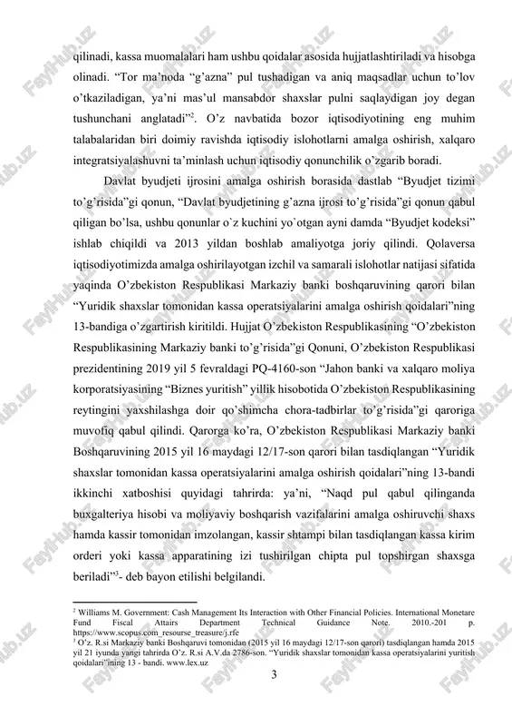 blikasining markaziy banki to’g’risida”gi qonuni, o’zbekiston respublikasi prezidentining 2019 yil 5 fevraldagi pq-4160-son “jahon banki va xalqaro moliya korporatsiyasining “biznes yuritish” yillik hisobotida o’zbekiston respublikasining reytingini yaxshilashga doir qo’shimcha chora-tadbirlar to’g’risida”gi qaroriga muvofiq qabul qilindi. qarorga ko’ra, o’zbekiston respublikasi markaziy banki boshqaruvining 2015 yil 16 maydagi 12/17-son qarori bilan tasdiqlangan “yuridik shaxslar tomonidan kassa operatsiyalarini amalga oshirish qoidalari”ning 13-bandi ikkinchi xatboshisi quyidagi tahrirda: ya’ni, “naqd pul qabul qilinganda buxgalteriya hisobi va moliyaviy boshqarish vazifalarini amalga oshiruvchi shaxs hamda kassir tomonidan imzolangan, kassir shtampi bilan tasdiqlangan kassa kirim orderi yoki kassa apparatining izi tushirilgan chipta pul topshirgan shaxsga beriladi”[footnoteref:3]- deb bayon etilishi belgilandi. [3: o’z. r.si markaziy banki boshqaruvi tomonidan (2015 yil 16 maydagi 12/17-son qarori) tasdiqlangan hamda 2015 yil 21 iyunda yangi tahrirda o’z. r.si a.v.da 2786-son. “yuridik shaxslar tomonidan kassa operatsiyalarini yuritish qoidalari”ining 13 - bandi. www.lex.uz ] ushbu normativ-huquqiy hujjatlardan tashqari davlat sektori uchun moliyaviy hisobotning xalqaro standartlari …