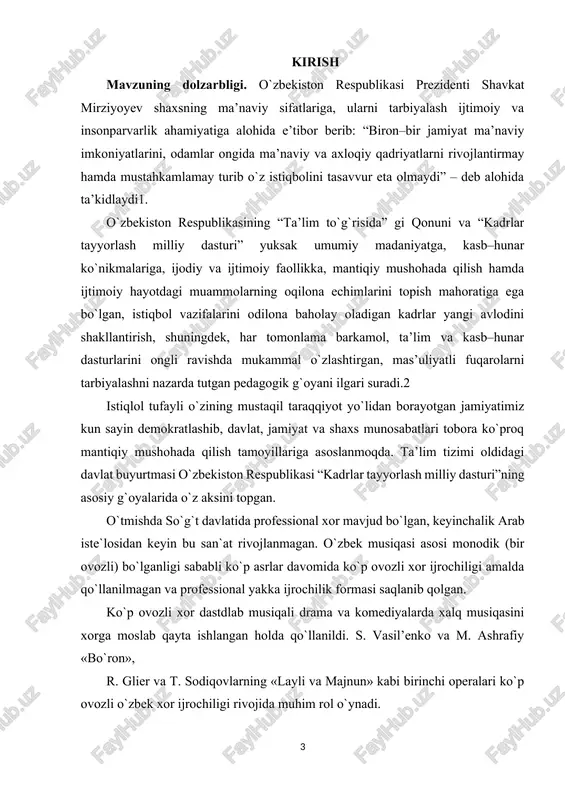navro`z bayramlarda yigit va qizlarning qo`shiq aytishi, to`ylarda aytiladgan yor-yor, yallalar xor bo`lib ijro etilgan. shashmaqomning vokal qismidagi taronalar ham jamoa bo`lib aytilgan. katta ashulalar ham 3-4 kishi bo`lib ijro qilingan (bu xam xor ijrosi). yuqridagi aytib o`tilgan asarlar bir ovozda ijro etilgan. folklor qo`shiqlari (yor-yor, yalla, hashar, 5 qarsak, lapar, katta ashula) va maqomdagi (tarona, ufor, naqsh) qismlari jamoa bo`lib aytilgan. uning shogirdi aristotel (aflotun) komil ishonch bilan mazkur fikrni quvvatlaydi. «musiqa kishi ruxining ahloqiy tomoniga ma’lum darajada ta’sir etadi, bas shunday ekan, u yoshlarning tarbiyasiga, ta’sir etadi.» milliy madaniyatimiz bobokaloni abu-nasr al-forobiy esa musiqaning shaxs shakllanishiga aniq ta’sirini quyidagicha bayon etadi: «bu fan (ya’ni musiqa d.o) shu ma’noda foydaliki, kimning fe’l atvori muvozanatni yo’qotgan bo’lsa, tartibga keltiradi, kamol topmaganlarni kamolotga yetkazadi va muvozanatda bo’lganlarning muvozanatini saqlaydi. bu fan tanning sog’ligi uchun ham foydalidir.» musiqa inson ruhi va aqliy rivojiga bebaho ta’sir o’tkazadi. ch.darvin umrining oxirlarida quvvai xofizasi (xotirasi) …