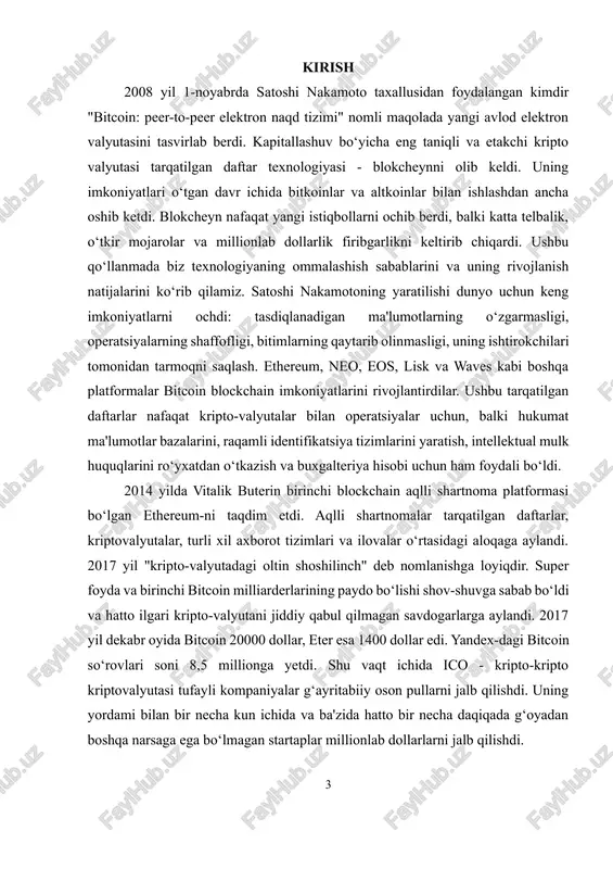lashtirdi va uning talablarini buzgan startap asoschilariga jinoiy javobgarlik bilan tahdid qildi. 2018 yil mart oyida satis group mchj konsalting kompaniyasi tadqiqot o‘tkazdi, unga ko‘ra ico loyihalarining 81 foizida firibgarlik alomatlari bo‘lgan, 6 foizi muvaffaqiyatsiz tugagan, 5 foizi o‘z faoliyatini to‘xtatgan. ico-ni muvaffaqiyatli yakunlagan va investorlar oldidagi majburiyatlarini bajarishga harakat qilgan kompaniyalar pul hamma narsa emasligini angladilar. ma'lum bo‘lishicha, sarmoyalangan millionlab dollarlar mahsulotning muvaffaqiyati va foydasini umuman kafolatlamaydi. nxt, ethereum, lisk, waves, eos va tezos kabi platformalarning paydo bo‘lishi nafaqat ico shov-shuvini kuchaytirdi. ular dunyoga blockchain buxgalteriya hisobi uchun daftar va aqlli shartnomalar yaratish muhiti taqdim etishini isbotladilar. shuning uchun bizning kitobimiz nafaqat sodir bo‘layotgan voqealarni tahlil qilish va tarixni chuqurlashtirishdan iborat. texnika taraqqiyoti tezlashmoqda va endi yangi ixtirolar va echimlar 50 yil oldin ham tasavvur qilib bo‘lmaydigan darajada rivojlanmoqda. ushbu jarayonda eng muhim rolni internet va xalqaro aloqa kanallarining rivojlanishi natijasida amalga oshirilgan axborot almashinuvining tezlashishi o‘ynaydi. so‘nggi o‘n …
