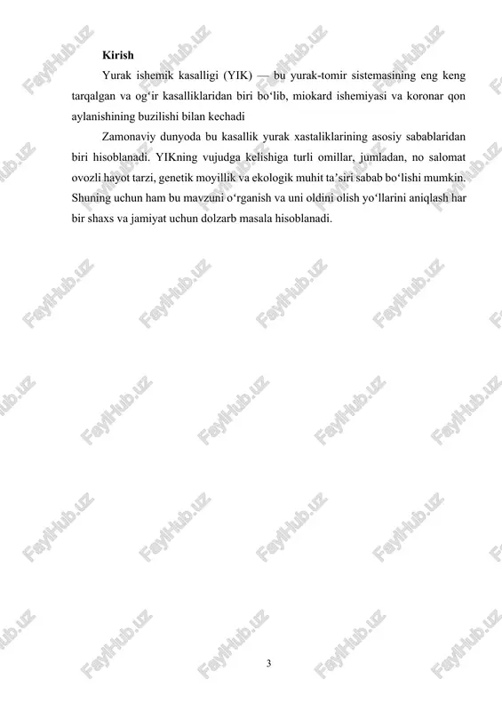 ilar yurak qon aylanishini yaxshilash, holesterin darajasini kamaytirish va qonning qovushqoqligini pasaytirish maqsadida ishlatiladi. nofarmakologik usullarga esa sogʻlom ovqatlanish, muntazam jismoniy faollik, vazn kamaytirish va stressni boshqarish kiradi yurak ishemik kasalligi bilan bogʻliq boʻlgan yanada murakkab holatlarga arterial gipertenziya (yuqori qon bosimi), metabolik sindrom va diabet kabi omillar ham hissa qoʻshadi. yuqori qon bosimi koronar arteriyalarning elastikligini yoʻqotishiga olib keladi, bu esa arteriyalarning tortilishiga va ishemiyaga sabab boʻladi. metabolik sindrom esa yuqori triglitserid darajasi, past zichlikli lipoprotein (ldl) holesterin va insulin rezistentligi bilan birga keladi, bu ham yik rivojlanishiga ulkan xavf tugʻdiradi yurak ishemik kasalligining sabablari va risk omillari haqida batafsil ma’lumot berish uchun, bu muhim mavzuni chuqurroq o‘rganib chiqamiz. yurak ishemik kasalligi (yik) — bu yurak muskullariga yetarli miqdorda qon yetishmasligi natijasida vujudga keladigan patologik holatdir. unga olib keluvchi sabablar va risk omillari turli-tuman bo‘lib, ularni tushunish davolash va oldini olishda asosiy rol o‘ynaydi yurak ishemik kasalligining asosiy sabablari …