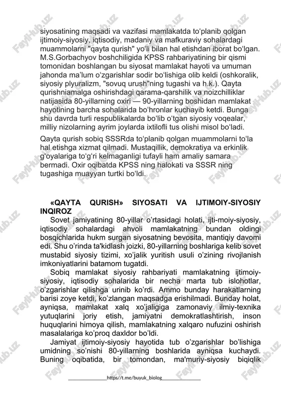 biiy resurslar, energiya, inson mehnati sarf etilishi, temir, po’lat, stanoklar ishlab chiqarish bo’yicha dunyoda birinchi o’rinni egallashiga qaramas-dan mamlakatda raqobatbardosh mahsulotlar ishlab chiqarishning yo’lga qo’yilmaganligi qayd etildi. qayta qurishning birinchi bosqichi (1985—1987-yil-lar) ma'muriy-tashkiliy tadbirlarning an'anaviy usullarda olib borilishi bilan izohlandi. mazkur bosqichda kun tartibiga qo’yilgan vazifalardan biri ilmiy-texnika taraq-qiyoti yutuqlarini ishlab chiqarishga jalb etish asosida jamiyatda tub iqtisodiy taraqqiyotni jadallashtirish va uning asnosida inson omilini faollashtirishdan iborat bo’ldi. qayta qurishning dastlabki davrlarida asosiy e'tibor mamlakat iqtisodiyotini rivojlantirishga qaratildi. ammo bunday jarayonni ijtimoiy munosabatlarni takomil-lashtirmasdan amalga oshirish mumkin emasligi tezda ayon bo’lib qoldi. shuning uchun 1986-yilda qayta qu-rish va ijtimoiy munosabatlar masalasiga alohida e'tibor berildi. bunday siyosatning markazida esa jamiyatni demokratlashtirish, ma'muriy-buyruqbozlik va byurokra-tizmga, qonunsizlikka qarshi kurash turar edi. natijada jamiyat ijtimoiy-siyosiy, iqtisodiy, madaniy hayotida ma'lum o’zgarishlar ro’y bera boshladi, kishi-larning ijtimoiy faolligi oshdi, demokratiya sari qadam tashlandi, milliy o’zlikni anglash jarayoni yuz berdi. ammo tub o’zgarishlarni, barcha sohalarda haqiqiy islo-hotlarni …