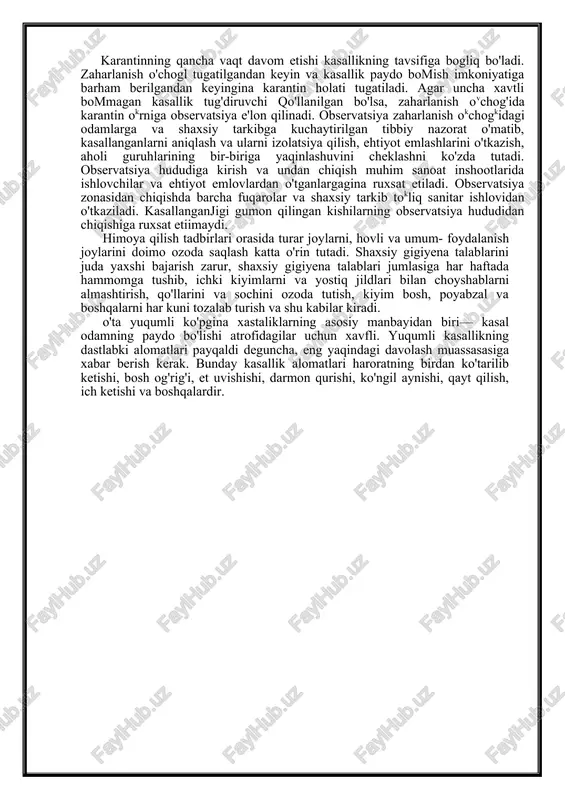 ushman diversantlardan, foydalangan holda, turar joylarni, xizmat xonalarini, oziq-ovqat, yem-xashak omborlarini, suv bilan ta'minlash manbalarini, suv omborlarini zaharlashi mumkin. bakterial zaharlanish o'chog'i, yuqumli kasalliklar tarqalish manbayi hosil qiladigan bakterial vositalarning bevosita ta'sirida bo'lgan hududdir. bakterial zaharlanish o'chog'ining tavsifi va ko'lami dushman tomonidan ishlatilgan bakteriologik qurolning turiga, kasallik tug'diruvchilarning biologik xususiyatlariga va ular- ning ishlatilish usuliga, indikatsiyaninig va davolash profilaktik hamda dezinfeksiya tadbirlari o'tkazishning qanchalik samarali ekanligiga bog'liq. bakterial zaharlanish o'chog'ining hosil bo'lishiga metereologik sharoit va joyning relyefi ta'sir ko'rsatadi. bakterial zaharlanish o'chog'i bir necha yuz va bir necha ming kvadrat kilometr maydonni qamrab olishi mumkin. bakterial vositalarning odam yoki hayvon organizmiga ta'sir etish turg'unligi kasallik tug'diruvchilar va kasallik tarqatuvchilar turiga, shuningdek, meteorolik sharoitga (shamolning tezligi va yo'nalishi, havoning haroratiga namligiga, quyosh radiatsiya va boshqalarga) bog'liq bo'ladi. masalan, bakterial zaharlanish o'chog'ining turg'unligiga havoning harorati katta ta'sir ko'rsatadi, past haroratlarda bakterial zaharlanish o'choqlarida kasallanish o'choqlari uzoqroq vaqt saqlanadi. yozda yuqori darajada va …