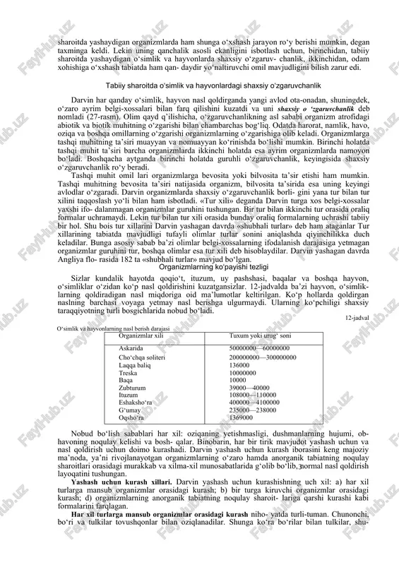 izmlar orasidagi kurash; d) organizmlarning anorganik tabiatning noqulay sharoit- lariga qarshi kurashi kabi formalarini farqlagan. har xil turlarga mansub organizmlar orasidagi kurash niho- yatda turli-tuman. chunonchi, bo‘ri va tulkilar tovushqonlar bilan oziqlanadilar. shunga ko‘ra bo‘rilar bilan tulkilar, shu- ningdek, tulkilar bilan tovushqonlar orasida doimo, yashash uchun o‘zaro kurash ketadi. o‘ljaning yo‘qligi yirtqichlar- ning och qolishiga va o‘limiga sabab bo‘ladi. markaziy osiyoda ko‘p tarqalgan hind maynasi chi- girtkalar bilan ham oziqlanadi. chigirtkalar chumchuqlar uchun ham oziqa sanaladi. binobarin, maynalar bilan chumchuqlar orasi- da raqobat ro‘y beradi. tuyoqli hayvonlar o‘simliklar bilan oziq- lanadi. o‘simliklar bilan chigirt- kalar ham oziqlanadilar. chigirtkalarning tez ko‘payishi tuyoqli hayvonlarning och qolib o‘lishiga sabab bo‘ladi. ikkinchi tomondan tuyoqli hayvonlar hayoti yirtqich hayvonlarga bog‘liq. o‘simliklarning mavjudligi faqat o‘txo‘r hayvonlargagina emas, balki ularni changlatadigan hasharotlar, shuningdek, boshqa o‘simlik turlari o‘rtasida bo‘ladigan raqobat bilan ham aloqador. turlar orasidagi yashash uchun kurash unchalik shiddatli bo‘lmasligi mumkin (28-rasm). bunga asosiy sabab har turga …