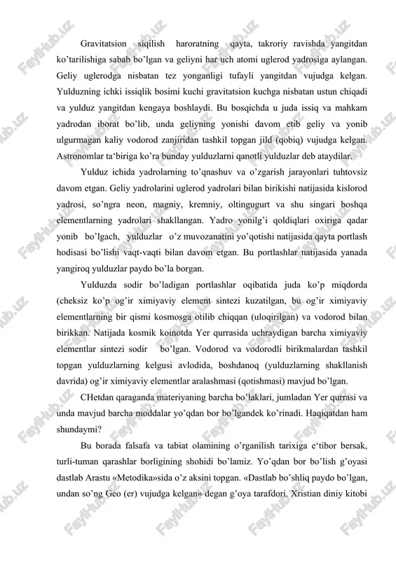 shmasi) mavjud bo’lgan. chetdan qaraganda materiyaning barcha bo’laklari, jumladan yer qurrasi va unda mavjud barcha moddalar yo’qdan bor bo’lgandek ko’rinadi. haqiqatdan ham shundaymi? bu borada falsafa va tabiat olamining o’rganilish tarixiga e‘tibor bersak, turli-tuman qarashlar borligining shohidi bo’lamiz. yo’qdan bor bo’lish g’oyasi dastlab arastu «metodika»sida o’z aksini topgan. «dastlab bo’shliq paydo bo’lgan, undan so’ng geo (er) vujudga kelgan» degan g’oya tarafdori. xristian diniy kitobi «bibliya»da yozilishicha xudo (olloh) olamni yo’qdan, bo’shliqdan yaratgan va shundan so’ng unda tartib o’rnatgan deyiladi. ammo yo’qning o’zi nima? bu savolga angliya kibernetigi u.r.eshbi aniq javob beradi. uning fikricha, cheksiz turli-tumanlik boshqacha qilib aytganda parokandalik yoki yo’q elementlar orasida hech qanday bog’lanishning (aloqaning) yo’qligi, predmet va hodisalar turli-tumanligining cheklanganligidir. shunday qilib, bu falsafiy abstraktsiya, predmet va hodisalar bir-biriga bog’liq bo’lmagan, bir-biri bilan aloqador bo’lmagan olam. tabiiyki, bunday olam mustaqil ravishda rivojlanish imkoniga ega emas. shuning uchun ham yo’qning birlamchiligi haqidagi g’oya olloh (iloh) kuchi bo’lib, butun …