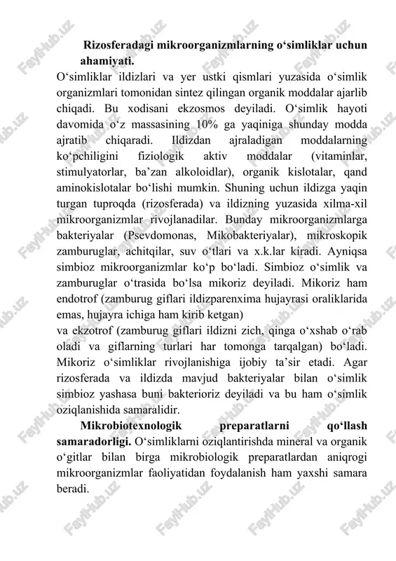 suv o‘tlari va x.k.lar kiradi. ayniqsa simbioz mikroorganizmlar ko‘p bo‘ladi. simbioz o‘simlik va zamburuglar o‘trasida bo‘lsa mikoriz deyiladi. mikoriz ham endotrof (zamburug giflari ildizparenxima hujayrasi oraliklarida emas, hujayra ichiga ham kirib ketgan) va ekzotrof (zamburug giflari ildizni zich, qinga o‘xshab o‘rab oladi va giflarning turlari har tomonga tarqalgan) bo‘ladi. mikoriz o‘simliklar rivojlanishiga ijobiy ta’sir etadi. agar rizosferada va ildizda mavjud bakteriyalar bilan o‘simlik simbioz yashasa buni bakterioriz deyiladi va bu ham o‘simlik oziqlanishida samaralidir. mikrobiotexnologik preparatlarni qo‘llash samaradorligi. o‘simliklarni oziqlantirishda mineral va organik o‘gitlar bilan birga mikrobiologik preparatlardan aniqrogi mikroorganizmlar faoliyatidan foydalanish ham yaxshi samara beradi. a) azotobakteriyalar yashash sharoiti va faoliyati o‘rganilganidan keyin, azotobakteriyalar kulturasi saqlagan preparatlarni yerga kiritishni akademik s.p.kostichev 30-yillarda tavsiya qilgan edi. azotobakteriyani qo‘llashda o‘simliklar ildiziga yuqtirish yo‘li, tuproqga kiritish yo‘li tadqiq etilgan va yaxshi natijalar olingandir. tuproqni bakterizatsiyalash rizosferada ularning ko‘payishiga va o‘simlik yaxshi rivojlanishiga olib keladi. b) fosforning organik shakllarini parchalab uni o‘simlik o‘zlashtiradigan …