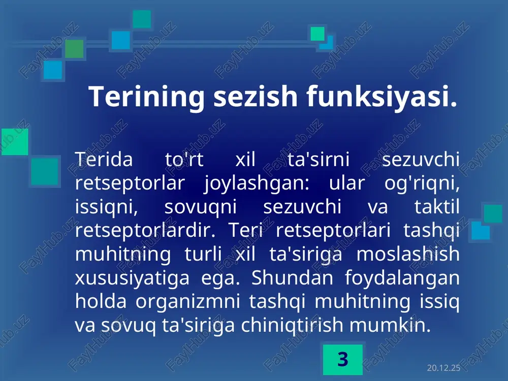 uvi pasayadi va issiqlik energiyasi hosil bo'lishi kamayadi. tashqi muhit harorati past bo'lganda esa organizmda moddalar almashinuvi kuchayadi va issiqlik energiyasi hosil bo'lishi ko'payadi. * fizik termoregulyatsiya. fizik termoregulyatsiya organizmdan issiqlik energiyasi ajralishining ko'payishi yoki kamayishi orqali amalga oshadi. moddalar almashinuvi natijasida organizmda hosil bo'lgan issiqlik energiyasi teri, nafas organlari va siydik orqali tashqariga ajratiladi. tana harorati doimiyliginig fizik usulda boshqarilishida teri muhim o'rin tutadi. moddalar almashinuvi jarayonida organizmda hosil bo'lgan issiqlik energiyasining 70 - 80% i teri orqali tashqi muhitga ajratiladi. qolgan 20 - 30% i nafas a'zolari, siydik va axlat orqali chiqariladi. * teri gigiyenasi. donishmand xalqimiz teri sog'liq oynasi deydi. uning funksiyalari normal o'tishi uchun teri doim toza bo'lishi zarur. terining eng ustki epidermis qavatining hujayralari uzluksiz po'st tashlab, yangilanib turadi. bir kecha-kunduzda teri yuzasida 10-15 g epidermis hujayralari chiqindisi hosil bo'ladi. agar odam muntazam ravishda yuvinib turmasa, terisining ustki qavatidan ajralgan po'st chiqindilari ter va yog' …