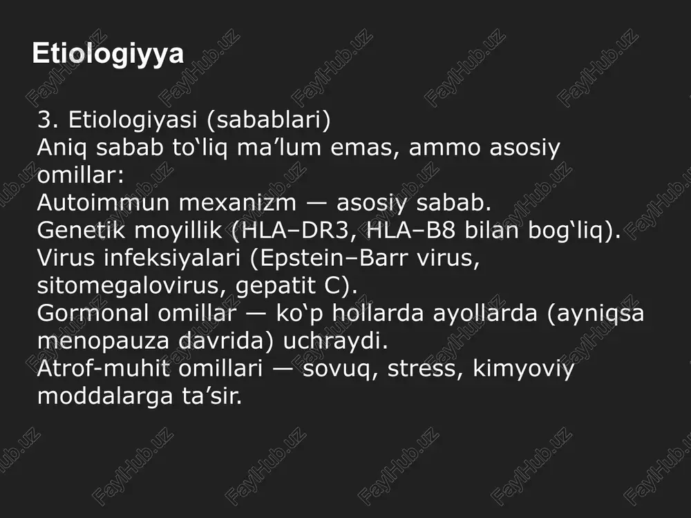 rvarishlash. 🔹 immunosupressiv davo: gks (prednizolon, metilprednizolon). dmards – metotreksat, azatioprin, siklosporin. biologik terapiya – rituksimab (anti-cd20). nsaid – bo‘g‘im og‘rishida. antifungal yoki antibakterial vositalar – ikkilamchi infeksiyalarda. ayollar uchun vaginal namlovchilar (estrogenli gellar). asoratlar: kseroftalmiya → kornea shikastlanishi og‘iz infeksiyalari, tish kariesi buyrak zararlanishi (interstitsial nefrit) o‘pka fibroz limfoma (malt limfoma) rivojlanish xavfi ↑ prognoz: sekin rivojlanadi, lekin surunkali va umrbod davom etadi. yaxshi parvarish va davo bilan hayot sifati saqlanadi. yomon belgi – limfoma yoki og‘ir tizimli zararlanish paydo bo‘lishi. image1.jpeg image2.jpeg image3.jpeg image4.png