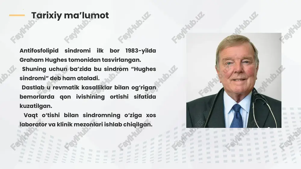 fsiz bo‘lishi uchun past molekulyar og‘irlikdagi heparin va aspirin tavsiya etiladi. autoimmun jarayon kuchli bo‘lsa, kortikosteroidlar yoki immunosupressiv dorilar ishlatiladi. og‘ir hollarda plazmaferez yoki iv immunoglobulin terapiyasi o‘tkazilishi mumkin. bemorlar muntazam ravishda qon ivish ko‘rsatkichlarini nazorat qilib turishlari kerak. davolash afs bilan og‘rigan bemorlar doimiy tibbiy nazorat ostida bo‘lishi lozim. qon ivish testlari muntazam tekshiriladi va antikoagulyant dozalari shunga qarab sozlanadi. chekish, spirtli ichimlik va gormonal kontraseptivlardan saqlanish tavsiya etiladi. sog‘lom turmush tarzi va jismoniy faollik tromboz xavfini kamaytiradi. to‘g‘ri davolash orqali bemorlar normal hayot kechirishlari mumkin. ammo davo to‘xtatilsa, tromboz qaytalanish xavfi yuqori bo‘ladi. profilaktika va prognoz vaziyatli masala 52 yoshli erkak to‘satdan o‘ng oyoq bosh barmog‘i bo‘g‘imida og‘riq va shish paydo bo‘lganini aytadi. bo‘g‘im terisi qizargan, harakatlar cheklangan. bemor ko‘p go‘sht va alkogol iste’mol qiladi. qo‘shimcha ma’lumotlar: qonda siydik kislotasi yuqori, bo‘g‘im punksiyasida natriy urat kristallari topilgan. savollar: sizningcha, bu qanday kasallik? kasallikning rivojlanish sabablari nimalarda? qanday dori …