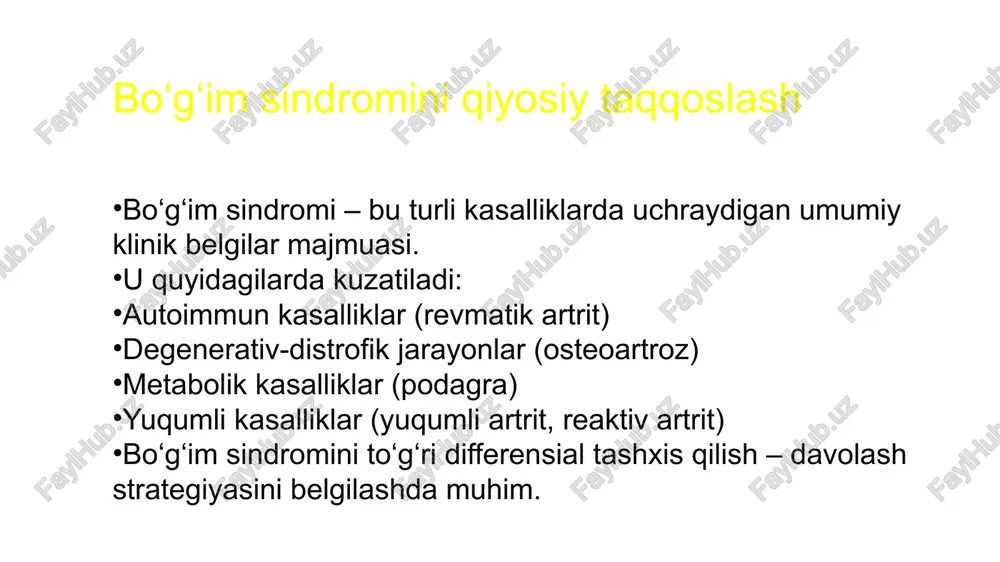 i va ularga tutash suyaklardagi degenerativ o‘zgarishlar tufayli boshlanadi. uning kelib chiqishiga olib keladigan sabablar quyidagilardan iborat: irsiy omil; bo‘g‘imlar jarohatlari (chandiqlar, chiqishlar); tez-tez jismoniy yuklamalar; organizm intoksikatsiyasi; endokrin buzilishlarga olib keladigan kasalliklar (qandli diabet, qalqonsimon bez faoliyatining buzilishi); bo‘g‘imlar displaziyasi; ortiqcha tana vazni; boldir venalarining varikoz kengayishi. osteoartroz belgilari osteoartroz belgilari quyidagilarni o‘z ichiga oladi: harakat va jismoniy yuklamalar paytida kuchayadigan bo‘g‘imlardagi og‘riq; bo‘g‘im tog‘ayi ostidagi suyak to‘qimasining zichlashishi; zararlangan oyoqni qisqartirish; kasallik zo‘rayib borishi bilan kuchayadigan uyqudan keyin harakatlanishdagi qiyinchiliklar; harakat paytida bo‘g‘imlarda g‘ichirlash va qirsillash. diagnostika osteoartrozni tashxislash uchun ortoped shifokor quyidagi tekshiruvlarni buyurishi mumkin: bo'g'imlarni mrt qilish qo'shimchalarning rentgeni umumiy qon tekshiruvi bo'g'im punksiyasi osteoartrozni davolash yallig‘lanish va og‘riqni yo‘qotish uchun. analgetiklar: og‘riqni yengillashtirish uchun. fizioterapiya: mushaklarning harakatchanligini yaxshilash va mustahkamlash uchun. ozonoterapiya: yallig‘lanishni kamaytirish uchun. davolash massaj: sirkulyatsiyani yaxshilash va zo‘riqishni yo‘qotish uchun. bo‘g‘imlarni cho‘zish: bosimni kamaytirish va harakatchanlikni yaxshilash uchun. bo‘g‘imlarni ko‘chirib o‘tkazish: shikastlangan …