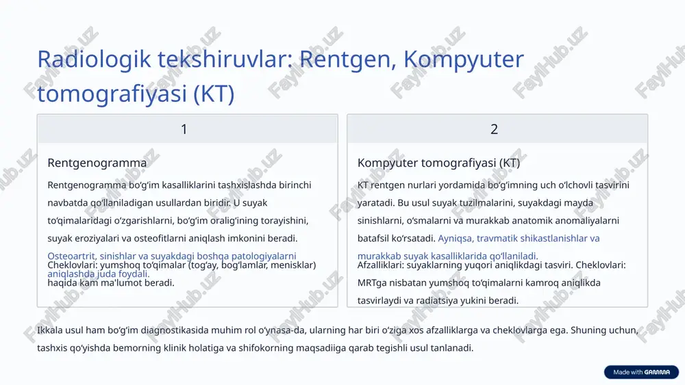 igan kasalliklarini ham aniq tashxislash imkonini beradi. mrt ning bu imkoniyatlari shifokorlarga kasallikning aniq joylashuvini, darajasini va turini aniqlashda yordam beradi, bu esa samarali davolash rejasini tuzish uchun hal qiluvchi ahamiyatga ega. 4 ultrasonografiya (uzi): yumshoq to'qimalarni baholash ultrasonografiya (uzi) bo‘g‘imlarni tekshirishda tezkor, xavfsiz va radiatsiya yukisiz usul hisoblanadi. uning yordamida yumshoq to‘qimalar, masalan, paylar, bog‘lamlar, mushaklar, menisklar va bo‘g‘im kapsulasining holatini baholash mumkin. uzi ayniqsa sirtqi joylashgan bo‘g‘imlarni (yelka, tizza, bilak, to‘piq) tekshirishda juda qulay. dinamik tekshiruv: uzi ning eng katta afzalliklaridan biri, bo‘g‘imni harakat holatida tekshirish imkoniyatidir. bu shifokorga bog‘lamlar va paylarning harakatdagi funksiyasini baholashga, harakat paytidagi muammolarni aniqlashga yordam beradi. masalan, rotator manjetining yorilishini harakat davomida aniqlash mumkin. yallig‘lanish jarayonlarini aniqlash: uzi yordamida sinovial qavatning yallig‘lanishi (sinovit), bo‘g‘im ichidagi suyuqlik to‘planishi (effuziya) va bursitlar aniq ko‘rinadi. bu ayniqsa revmatoid artrit kabi yallig‘lanishli kasalliklarni monitoring qilishda muhim. igna biopsiyasi va in'eksiyalar: uzi nazorati ostida bo‘g‘im ichiga dori vositalarini …