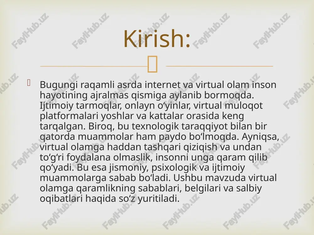 ar yuborish, turli imtiyozlarga ega bo‘lish kabilar. odatda, ijtimoiy tarmoqlar ma’'muriyati o‘z a’zolari bilan juda xushmuomala bo‘ladilar, ularni imkon bo‘ldi deguncha yaxshi gaplar bilan «siylab», turli bayramlar bilan muntazam tabriklab turadilar.  2. virtual olamga qaramlikning sabablari va shakllari virtual olamga qaramlik — bu insonning internet va texnologiyalarga haddan ortiq bog‘lanib qolishi bo‘lib, bu real hayotdagi faoliyatiga salbiy ta’sir ko‘rsatadi. asosiy sabablari – zerikish, real muammolardan qochish, e’tibor va tasdiq izlash, hamda virtual ko‘ngilochar platformalarning jozibadorligidir. bugun insoniyat ijtimoiy tarmoqlarsiz salkam yasholmaydigan darajaga yetdi. jamiyatda faol odam bu virtual olamda kamida uchta tarmoqni kuzatadi: telegram, facebook, instagram. yana tibbiyotchilar, dasturchilar, vebmasterlar, huquqshunoslar, maorif xodimlari uchun alohida tor doiradagi ijtimoiy tarmoqlar ham mavjud. ularga zarurat bormi? ijtimoiy tarmoqlar quyidagi hollardagina turmushimizga ijobiy ta’sir ko‘rsatadi: bizning axborot, tajriba almashishimizga, yuzlab kilometr masofadagi do‘stlar, maslakdoshlar bilan aloqada bo‘lishimizga hamda ular hayotida kuzatilayotgan voqea-hodisalardan xabardor yurishimizga yordam beradi; ular yangi bo‘sh ish o‘rinlari haqida …