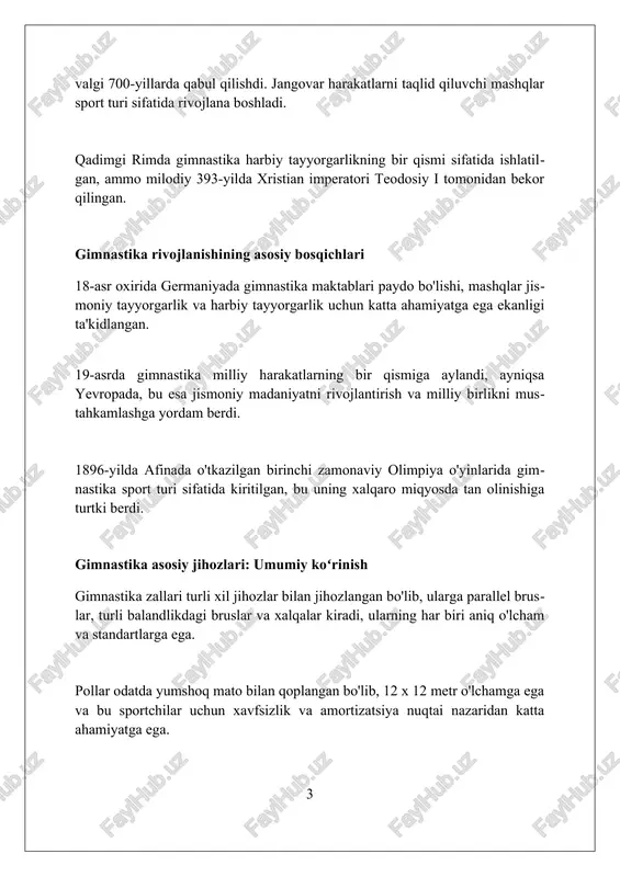 -yillarda olimpiya oʻyinlari dasturiga kiritilgan va bu gimnastika boʻyicha muhim yoʻnalishga aylangan. toʻsindagi mashqlar sakrashlar, burilishlar, akrobatik elementlar va turli xil muvozanat harakatlarini oʻz ichiga oladi, gimnastikachidan jismoniy kuch, moslashuvchanlik va psixologik tayyorgarlikni talab etadi. parallel bruslar parallel bruslar 19-asrning boshlarida germaniyada jismoniy tarbiya harakatining bir qismi sifatida paydo bo'lgan, bu erda ularni iogann guts-muts va fridrix yan kabi pionerlar ishlab chiqqan. parallel bruslarning balandligi odatda 1,6 metrdan 2 metrgacha sozlanishi mumkin, uzunligi esa taxminan 3,5 metrni tashkil qiladi. bu xususiyat turli balandliklarda mashqlarni bajarish imkonini beradi. olimpiya o'yinlarida erkaklar o'rtasidagi parallel bruslar bo'yicha bahslar 1896-yilda, ayollar o'rtasidagi musobaqalar esa nisbatan yaqinda paydo bo'lgan, bu sportning rivojlanishini ko'rsatadi. turli balandlikdagi bruslar turli balandlikdagi bruslar 1934-yilda ayollar gimnastikasi dasturiga kiritilgan bo‘lib, tepa va pastki relslar orasidagi balandlik farqi dinamik harakatlar uchun imkoniyat yaratadi. zamonaviy turli balandlikdagi bruslar odatda yuqori relsning yer ustidan 250 santimetr balandlikda va pastki relsning 170 santimetr balandlikda …