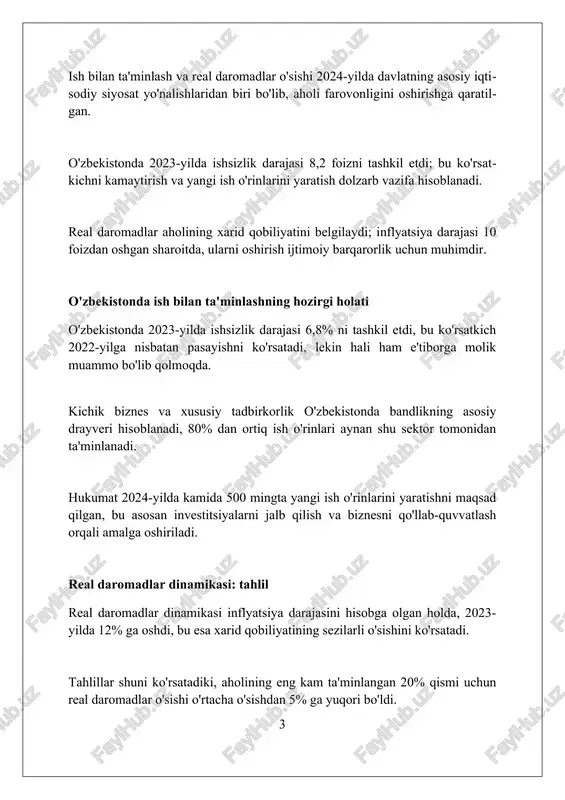 ushbu dasturlar qisqa muddatli kurslarni taklif etadi. qayta tayyorlash dasturlari korxonalarning talablariga moslashish uchun ishchilarni yangi ko'nikmalarga o'rgatadi, bunda it, marketing va moliya kabi sohalarga e'tibor qaratiladi. o'qish muddati 3-6 oy. kasb-hunar markazlari 100 dan ortiq yo'nalish bo'yicha bepul ta'lim beradi. 2024-yilda byudjetdan 50 milliard so'm ajratilib, zamonaviy uskunalar bilan ta'minlash rejalashtirilgan. investitsiya muhitini yaxshilash choralari soliq yukini kamaytirish, jumladan, foyda solig'i stavkasini 15 foizdan 12 foizgacha pasaytirish, korxonalarning investitsiya faolligini oshirishga yordam beradi. davlat-xususiy sheriklik mexanizmlarini kengaytirish orqali infratuzilmaviy loyihalarga xususiy investitsiyalarni jalb qilish, yangi ish o'rinlarini yaratishga ko'maklashadi. investorlar huquqlarini himoya qilishni kuchaytirish, shu jumladan, arbitraj sudlarining rolini oshirish, investitsiya risklarini kamaytirish va ishonchni mustahkamlash muhim ahamiyatga ega. qishloq joylarda ish bilan ta'minlashni oshirish strategiyalari qishloqlarda kichik biznes va oilaviy tadbirkorlikni rivojlantirish, kreditlashni 15-20 foizga oshirish, aholi bandligini ta'minlashda muhim rol o'ynaydi. qishloq infratuzilmasini yaxshilash, yo'llarni ta'mirlash va yangilarini qurish, kommunikatsiya xizmatlarini 25 foizga kengaytirish yangi ish o'rinlarini …