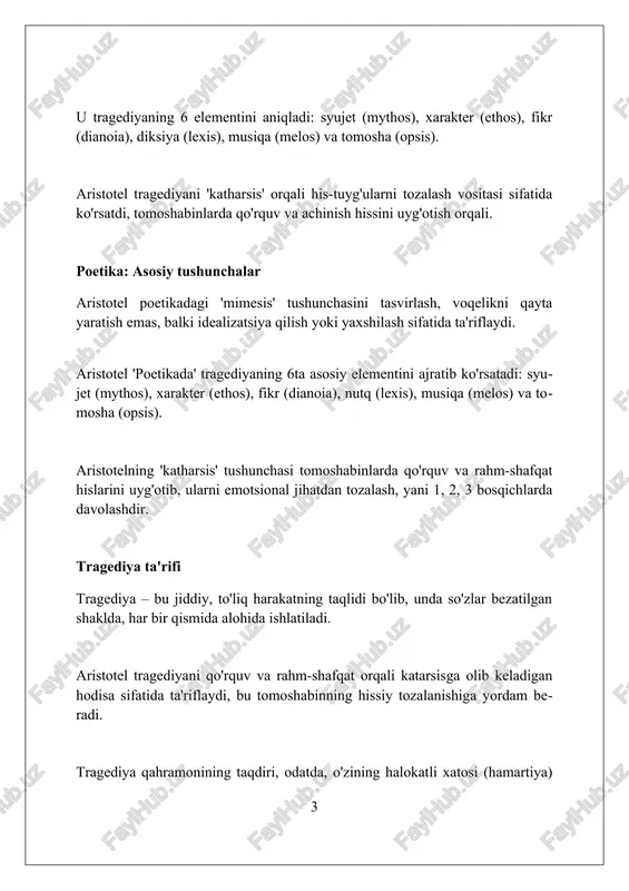 iya yoki fikr yuritish jarayonini anglatadi, ko'pincha falsafiy mulohazalar bilan bog'liq bo'lib, 1-raqamli kalit kontseptsiya hisoblanadi. fikr 2-murakkab tafakkur jarayonini o'z ichiga oladi, u falsafiy, diniy yoki mistik bo'lishi mumkin bo'lgan chuqur anglash va tushunishga olib keladi, ayniqsa, islom falsafasida ahamiyatli. fikr - bu 3-raqamli intellektual harakat bo'lib, kuzatish, tahlil qilish va shaxsiy ichki dunyo yoki tashqi voqelik ustida o'ylashni o'z ichiga oladi, bu esa falsafiy va ma'naviy o'sishga yordam beradi. diksiya (nutq uslubi) diksiya (nutq uslubi) aniqligi va ravshanligiga e'tibor qaratadi, ya'ni so'zlar 100% to'g'ri tanlanishi va grammatik qoidalarga 2 karra mos kelishi kerak. aristotel "poetika" asarida nutq uslubini bezash vositalari, masalan, metaforalar 3 xil bo'lishi mumkinligini ta'kidlaydi, bu esa asarga 4 karra go'zallik beradi. diksiyaga ko'ra, kompozitsiya 5 qismdan iborat bo'lishi lozim: kirish (prolog), voqea rivoji, kulminatsiya nuqtasi, yechim va epilog, har biri 2 marotaba muhim. tomosha tomosha 19-asrning oxirida shakllangan oʻzbek xalq teatrining bir turi boʻlib, unda …