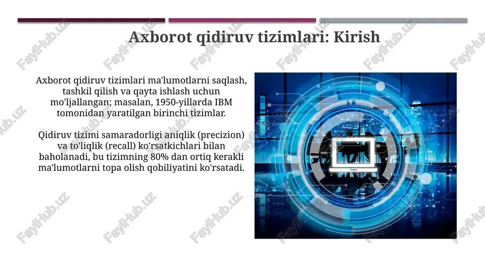 k usullar, masalan, aes-256 shifrlash algoritmi, ma’lumotlarni ruxsatsiz kirishdan himoya qilish uchun qoʻllaniladi, bu esa maxfiylikni ta’minlaydi. maxfiylikni ta’minlash uchun ikki faktorli autentifikatsiya (2fa) kabi texnologiyalar ishlatiladi, bunda foydalanuvchi 99.9% holatda faqat o'zi biladigan kodni kiritadi. axborot qidiruv tizimlari va akt integratsiyasi axborot qidiruv tizimlari akt bilan integratsiyalashuvi, ma'lumotlarga 0.5 soniyada kirishni ta'minlab, samaradorlikni 30% ga oshiradi hamda natijalarni tahlil qilishni soddalashtiradi. akt integratsiyasi qidiruv tizimlarida 128-bitli shifrlash orqali ma'lumotlar xavfsizligini kuchaytiradi, shuningdek, real vaqt rejimida 99% aniqlik bilan monitoring olib boriladi. kattalashtirilgan ma'lumotlar uchun axborot qidiruv tizimlari kattalashtirilgan ma'lumotlar uchun axborot qidiruv tizimlari 100 terabaytdan ortiq ma'lumotlar to'plamlarini qayta ishlash uchun mo'ljallangan bo'lib, samarali indekslash usullarini qo'llaydi. ushbu tizimlar parallel hisoblash va taqsimlangan arxitekturalardan foydalanadi, masalan, hadoop va spark, terabayt hajmli so'rovlarni bir necha soniyada bajarish imkonini beradi. sun'iy intellekt va axborot qidiruv tizimlari sun'iy intellekt (si) axborot qidiruv tizimlarida semantik tahlil orqali 85% aniqlikni ta'minlaydi, bu esa an'anaviy …