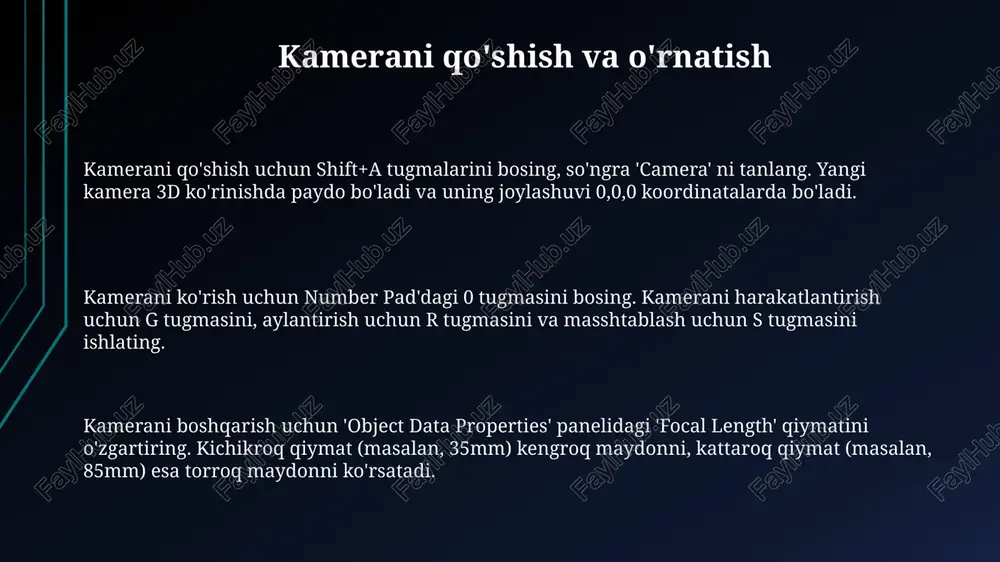 rat qilish mumkin, bunda kamera egri chiziq (bezier curve) bo'ylab harakatlanadi va 3d sahna atrofida silliq aylanadi. kamera animatsiyasida 'tracking' usuli mavjud, bunda kamera real obyekt harakatini takrorlaydi. masalan, 30 fps da yozilgan videodagi obyektning harakatini blenderda qayta yaratish mumkin. kamera obyektlari va cheklovlari kamera cheklovlari 'clipping' sozlamalarini o'z ichiga oladi: 'start' va 'end', ular kameradan ma'lum masofada joylashgan ob'ektlarning ko'rinishini kesib tashlaydi, bu esa 0.01 dan 1000 metrgacha bo'lishi mumkin. kamera obyekti 'focal length' (fokus masofasi) sozlamasi orqali ko'rish burchagini o'zgartiradi, odatda 16mm dan 300mm gacha bo'lgan qiymatlar bilan belgilanadi, bu ob'ektning kattaligini aniqlaydi. kamera obyekti 'depth of field' (maydon chuqurligi) effektini yaratishi mumkin; 'f-stop' qiymati (masalan, f/2.8 dan f/22 gacha) orqali fokusdagi maydonni nazorat qilish imkonini beradi. kamera va vizual effektlar blenderda kamera chuqurligini (depth of field) sozlash orqali, f-raqam (f-stop) qiymatini kamaytirish bilan xiralik darajasini oshirishingiz mumkin, bu vizual effektlar uchun muhim. kompoziting tugunlari (compositing nodes) yordamida, …