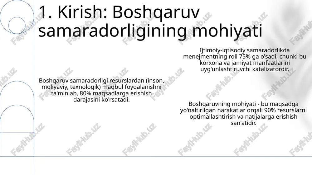 orrupsiyaning darajasi 10 ballik shkala bo'yicha 2.5 dan past bo'lishi iqtisodiy o'sishga 0.8% qo'shimcha ta'sir ko'rsatadi. ijtimoiy sohada, masalan, ta'limga investitsiyalar 15%ga oshganda, aholining savodxonlik darajasi 98%ga yetishi davlat samaradorligidan dalolat beradi. 7. davlat boshqaruvining ijtimoiy-iqtisodiy samaradorligi korporativ boshqaruvda aktivlardan foydalanish samaradorligi, roi (sarmoyaning qaytarilishi) kabi ko'rsatkichlar orqali baholanadi, bu 15% dan yuqori bo'lishi kerak, shunda daromadlilik ortadi. korporativ boshqaruv tizimi shaffofligi moliyaviy hisobotlarning aniqligini ta'minlaydi va investorlar ishonchini oshiradi, bu esa kapital narxini 5-10% ga kamaytirishi mumkin. innovatsiyalarni qo'llab-quvvatlash va yangi texnologiyalarni joriy etish korporativ boshqaruvning asosiy vazifasidir, bu esa mahsulot unumdorligini 20% ga oshirishi va xarajatlarni kamaytirishi mumkin. 8. korporativ boshqaruvning iqtisodiy samaradorligi korxonalarda ijtimoiy dasturlarga 15% investitsiya kiritish orqali xodimlarning ish unumdorligini 8-10% ga oshirish mumkin, bu esa rentabellikni oshiradi. davlat boshqaruvida shaffoflikni 25% ga oshirish uchun raqamli platformalarni joriy etish korrupsiyani kamaytiradi va resurslardan foydalanish samaradorligini oshiradi. ta’lim sohasida 2024-2027 yillarda inklyuziv ta’limni 30% ga kengaytirish, …