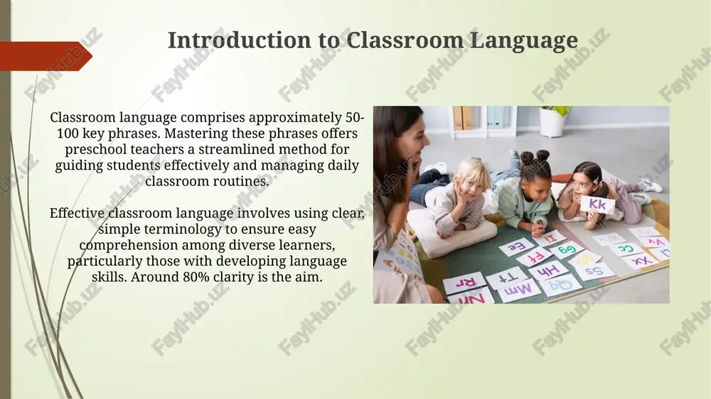 daily routines using the phrase 'let's count to 10 before we start!' integrates number recognition into the circle time routine, promoting early math skills in the classroom. phrase 'time to wash hands for 20 seconds' teaches hygiene and incorporates time awareness, linking daily routines to health and safety for all preschoolers. wrap-up and resources summarize the key takeaway by reviewing 3 to 5 essential phrases daily for improved retention, such as greetings and simple instructions, ensuring consistent practice. provide a downloadable pdf resource pack with over 20 flashcards and activity sheets featuring classroom language, available on teacherspayteachers or similar platforms. thank you for your attention image1.jpg image2.jpg image3.jpg image4.jpg image5.jpg image6.jpg image7.jpg image8.jpg image9.jpg image10.jpg image11.jpg image12.jpg