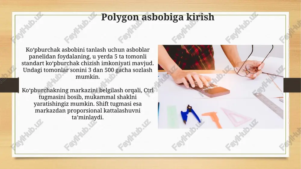 rligini belgilaydi. burchaklarni yumshatish "burchaklarni yumshatish" coreldraw-da, burilish radiusini o'rnatish orqali amalga oshiriladi, bu burchaklarni yumaloqlash darajasini aniqlaydi. katta radiuslar 0 dan katta bo'lgan yumaloqroq burchaklarni yaratadi. burchaklarni yumshatish dialog oynasida "burilish" opsiyasi 1 dan 100 foizgacha bo'lgan qiymatlarni qabul qiladi. 100% burchakni to'liq dumaloq qiladi. 50% nisbatan yumshoq burchak hosil qiladi. polygonlarga rang berish va kontur qo'shish polygonlarni to'ldirish uchun 'fill' vositasidan foydalaning. ranglar palitrasidan rangni tanlang yoki rgb, cmyk qiymatlarini kiriting, shaffoflik darajasini 0 dan 100% gacha sozlang. kontur qo'shish uchun 'outline pen' dialog oynasidan foydalaning. kontur qalinligini 0.25 pt dan boshlab oshiring, rangini tanlang va burchak shaklini (o'tkir, dumaloq) sozlang. interaktiv effektlar bilan ishlash interaktiv kontur effekti ob'ektning tashqi qirralarini yaratadi, masalan, 1 dan 10 gacha bosqichlar bilan. bu vektorli tasvirlarni o'zgartirish va professional ko'rinish berish uchun ajoyib usul. interaktiv soya effekti ob'ektning orqasida soya yaratadi, xususan, burilish va rang kabi parametrlar bilan sozlashi mumkin. soya uzunligi …