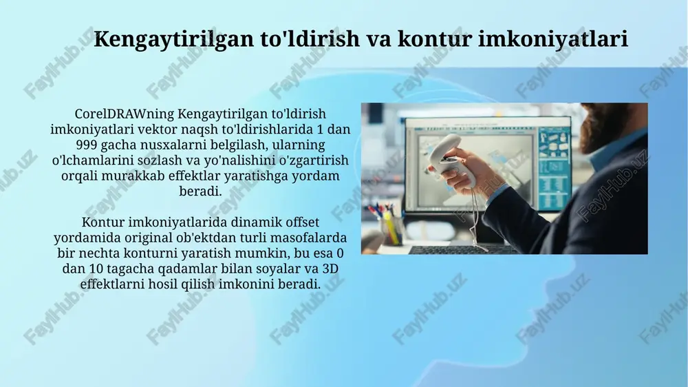 ifalarni avtomatlashtirish va 100 dan ortiq turli xil funksiyalarni boshqarish imkonini beradi. coreldraw api (application programming interface) obyektlar modelini taqdim etadi, u orqali ob'ektlar bilan ishlash, ularni yaratish, o'zgartirish va 25 dan ortiq xususiyatlarini sozlash mumkin. makroslar yaratish va ulardan foydalanish coreldraw makroslari vba (visual basic for applications) da yoziladi, bu esa foydalanuvchilarga ob'ektlar bilan ishlashni avtomatlashtirish, masalan, 100 ta tasvirning rangini o'zgartirish imkonini beradi. makroslarni yozish uchun coreldraw ichida vba muharriri mavjud; u yerda siz ob'ekt xususiyatlarini o'zgartirishingiz, fayllarni import/eksport qilishingiz va 2d shakllarni yaratishingiz mumkin. 3d modellashtirish asoslari 3d modellashtirishda ekstruziya – bu 2d shaklni 3d ob'ektga aylantirish jarayoni bo'lib, unga chuqurlik beriladi. coreldrawda ekstruziya uchun bir nechta sozlamalar mavjud, masalan, qalinlik va burchakni o'zgartirish imkoniyati. burilish 3d ob'ekt yaratish usuli bo'lib, 2d shaklni o'q atrofida aylantirish orqali amalga oshiriladi. coreldrawda burilish burchagi 360 gradusgacha bo'lishi mumkin, natijada to'liq aylana shakl paydo bo'ladi. bosqichma-bosqich ko'paytirish va kuchaytirish effektlari …
