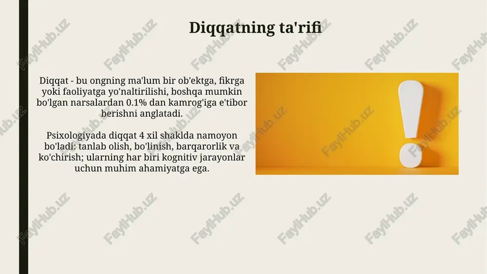 ahamiyati, ayniqsa, 0 dan 10 yoshgacha bo'lgan bolalarda muhim, chunki bu davrda miya rivojlanishi uchun diqqatni jamlash qobiliyati asosiy omil hisoblanadi. diqqatni boshqarish strategiyalari "pomodoro" texnikasi, 25 daqiqalik diqqat jamlash va 5 daqiqalik tanaffuslardan iborat bo'lib, miyani charchashdan saqlaydi va samaradorlikni oshiradi. "time blocking" usuli har bir vazifaga aniq vaqt ajratish orqali, diqqatni bir nechta vazifaga bo'linishining oldini oladi va fokusni kuchaytiradi. bolalarda diqqat bolalarda diqqatning asosiy xususiyati uning beqarorligidir, ayniqsa 3-5 yoshgacha. bu davrda diqqatning davomiyligi 10-15 daqiqadan oshmasligi mumkin, bu esa o'yinlar va mashg'ulotlarni qisqa bo'lishini talab qiladi. maktab yoshidagi bolalarda diqqatning hajmi ortadi, 7 yoshdan 10 yoshgacha bo'lgan bolalar bir vaqtning o'zida 3-4 ta ob'ektga e'tibor qaratishi mumkin. bu ko'rsatkich o'quv jarayonida muhim rol o'ynaydi. kattalarda diqqat kattalarda diqqatning buzilishi 50% gacha holatlarda uchraydi, bu esa kundalik vazifalarni bajarishda qiyinchiliklar tug'diradi, ayniqsa, bir nechta topshiriqni bir vaqtda bajarishda. kattalarda diqqatning davomiyligi o'rtacha 20 daqiqadan 45 daqiqagacha bo'lishi …