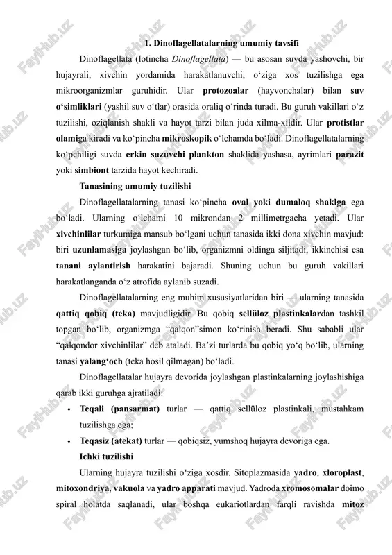 f turlar quyosh nuri yordamida fotosintez yo‘li bilan o‘ziga kerakli organik moddalarning sintezini amalga oshiradi. geterotrof turlar esa boshqa mikroorganizmlar yoki o‘simlik hujayralarini yutib, oziq modda sifatida ishlatadi. miksotrof turlar esa yuqoridagi ikki usulni birgalikda qo‘llaydi, ya’ni ular yorug‘likda fotosintez qiladi, qorong‘ida esa organik moddalardan oziqlanadi. ayrim dinoflagellatalar boshqa organizmlar bilan simbioz holatda yashaydi. masalan, zooxantellalar deb ataluvchi ayrim turlar marjon poliplarining tanasida yashab, ular bilan o‘zaro foydali aloqada bo‘ladi. bu simbiontlar marjonlarning o‘sishida va riflarning shakllanishida muhim ahamiyat kasb etadi. turlari va yashash muhiti dinoflagellatalarning hozircha 2000 dan ortiq turi ma’lum. ularning katta qismi dengiz planktoni tarkibida uchraydi, biroq chuchuk suv havzalarida ham keng tarqalgan. ba’zi turlari seston holatida (erkin suzuvchi), boshqalari esa bentos (tubda yashovchi) yoki parazit tarzida hayot kechiradi. ularning ayrim vakillari suvda juda tez ko‘payib, “qizil suv to‘lqini” deb ataladigan hodisani keltirib chiqaradi. bunday paytda suv qizg‘ish yoki jigarrang tusga kiradi. bu hodisa suvdagi kislorod miqdorini …