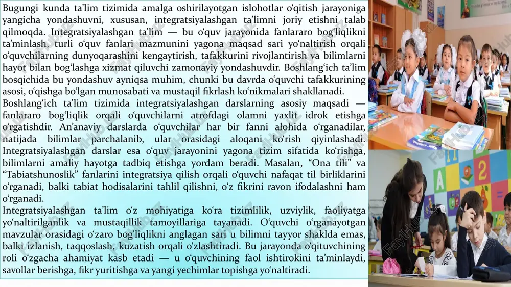 akllantirishga qaratiladi. chunki zamonaviy ta’limning maqsadi shunchaki bilim berish emas, balki o‘quvchini fikrlashga, izlanishga va o‘z hayotida o‘rganilgan bilimni qo‘llashga o‘rgatishdir. integratsiya sharoitida darslar o‘quvchilarning kundalik hayoti bilan chambarchas bog‘liq bo‘ladi. bu esa o‘quvchilarni o‘qishga bo‘lgan qiziqishini kuchaytiradi, ularning ijodiy fikrlash salohiyatini rivojlantiradi. masalan, “bahor fasli” mavzusida o‘tkaziladigan integratsiyalashgan darsda ona tili, tabiatshunoslik, tasviriy san’at va musiqa fanlarini birlashtirish mumkin. o‘quvchilar tabiatdagi o‘zgarishlarni kuzatishadi (tabiatshunoslik), u haqda matn tuzadilar (ona tili), bahor manzarasini rasmda ifodalaydilar (tasviriy san’at) va mavzuga mos qo‘shiq aytadilar (musiqa). bu orqali ularning nafaqat bilimi, balki estetik didi, nutq madaniyati, kuzatuvchanlik va ijodiy tafakkuri rivojlanadi. integratsiyalashgan rejalashtirishning muhim jihatlaridan biri — darsni har tomonlama tayyorlashdir. o‘qituvchi o‘quvchilar yoshini, ularning psixologik xususiyatlarini, oldingi bilimlarini hisobga olgan holda fanlararo bog‘liqlikni aniqlaydi. darsni rejalashtirishda asosiy diqqat o‘quv maqsadlarini to‘g‘ri belgilashga qaratiladi. masalan, “suv” mavzusida ona tili, tabiatshunoslik va matematika fanlarini birlashtirish mumkin. o‘quvchilar suvning xossalari haqida matn o‘qishadi, suv miqdorini …