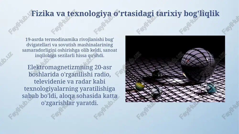 ga olib keldi. bu yadroviy quvvat stansiyalari va tibbiyotda qo'llaniladigan radioizotoplar yaratilishiga sabab bo'ldi. atom fizikasi va yadroviy texnologiyalar 1938-yilda otto gan va frits strassmanning uran atomini bombardimon qilish tajribasi yadro parchalanishini kashf etdi, bu esa atom bombasini yaratishga yo'l ochdi. yadroviy reaktorlar 235-uran kabi izotoplarning nazorat qilinadigan zanjirli reaksiyalaridan foydalanib, elektr energiyasi ishlab chiqaradi va tibbiyotda qo'llaniladigan radioizotoplarni yaratadi. kvant mexanikasi va yangi materiallar kvant mexanikasi, 20-asrda yaratilgan, yarimo'tkazgichlar texnologiyasi uchun asos bo'lib, transistorlarning ishlashini tushuntiradi va ularni loyihalash imkonini beradi. kvant effektlari, masalan, kvant nuqtalari orqali 1-10 nanometr o'lchamdagi yangi materiallar yaratishga imkon berdi, ularning optik va elektron xususiyatlari o'lchamga bog'liq. yarimo'tkazgichlar va elektronika inqilobi 1947-yilda tranzistorning kashf etilishi yarimo'tkazgichli elektronika inqilobining boshlanishini belgiladi, vakuumli lampalarni ixchamroq, samaraliroq qurilmalar bilan almashtirdi. mikrochiplarning ishlab chiqarilishi 20-asrning oxirida murakkab elektron sxemalarni kichik silikon qismlariga integratsiyalash imkonini berdi, bu esa hisoblash quvvatini oshirdi. lazerlar va ularning keng qo'llanilishi 1960-yilda yaratilgan lazerlar …