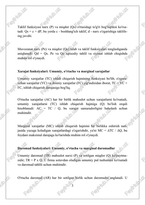li funksiyalar iste'molchilarning xohishlarini matematik jihatdan ifodalaydi, ularga iste'mol to'plamlari uchun raqamli qiymatlar berib, 10 birlik a dan 5 birlik b ga afzalroq ekanligini ko'rsatadi. befarqlik egri chiziqlari bir xil foydalilik darajasini ta'minlovchi iste'mol to'plamlarini bog'laydi, shuning uchun iste'molchi egri chiziq bo'ylab harakatlanayotganda farq qilmaydi, masalan, 8 ta olma va 2 ta nok yoki 4 ta olma va 6 ta nok. kobb-duglas foydali funksiyasi, u(x,y) = x^αy^β, α va β koeffitsientlari x va y tovarlariga nisbiy ahamiyatni ko'rsatadi, bu esa iste'molchining byudjet cheklovlari ostida foydalilikni maksimal darajada oshirishga yordam beradi. byudjet cheklovlari va iste'molchi tanlovi byudjet cheklovlari iste'molchining daromadi va tovar narxlari asosida, masalan, x tovar 5 so'm va y tovar 10 so'm bo'lsa, u qanday tovarlar to'plamini sotib olishini ko'rsatadi. iste'molchi tanlovi optimal nuqtasini aniqlashda, byudjet chizig'i va befarqlik egri chizig'ining urinish nuqtasi muhim rol o'ynaydi, bu nuqtada iste'molchi eng yuqori qoniqishga erishadi. narx o'zgarishi byudjet chizig'ining burchagini o'zgartiradi; …