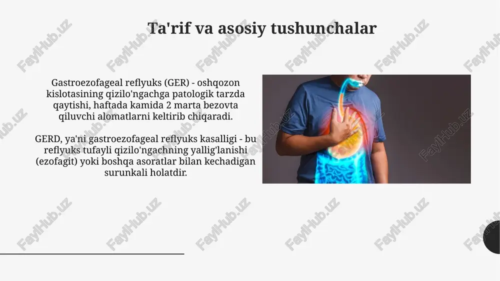 a sekretsiyasini 90-95% ga kamaytiradi, simptomlarni yengillashtiradi. pnilar odatda 4-8 hafta davomida qabul qilinadi, lekin ba'zi bemorlar uzoq muddatli davolanishga muhtoj bo'lishi mumkin. dozani shifokor belgilaydi va qat'iy rioya qilish zarur. xirurgik davolash: fundoplikatsiya fundoplikatsiya jarrohlik usuli qizilo'ngachning pastki sfinkterini mustahkamlash uchun me'daning yuqori qismini (fundusni) qizilo'ngach atrofida o'rashni o'z ichiga oladi. nissen fundoplikatsiyasi eng keng tarqalgan turi bo'lib, me'da fundusi qizilo'ngach atrofida 360 gradusga o'raladi, refluksni samarali ravishda oldini oladi. boshqa xirurgik muolajalar boshqa muqobil variant - bu cho'ziluvchan kardioplastika bo'lib, u kardiyani shishib ketgan balon yordamida kengaytirishni o'z ichiga oladi, bu esa 60-80% hollarda simptomlarni yaxshilaydi. magnit sfinkter qurilmasi, masalan, linx tizimi, pastki qizilo'ngach sfinkteri atrofida titan boncuklarining halqasini o'rnatishni o'z ichiga oladi, bu esa refluxni 40-60% gacha kamaytiradi. asoratlar asoratlar 5-10% hollarda barrett qizilo'ngachiga olib kelishi mumkin, bu esa qizilo'ngach saratoni xavfini oshiradi. bu metaplaziya jarayonini anglatadi. surunkali reflyuks, ayniqsa davolanmasa, qizilo'ngachda strikturalar shakllanishiga olib kelishi mumkin. …
