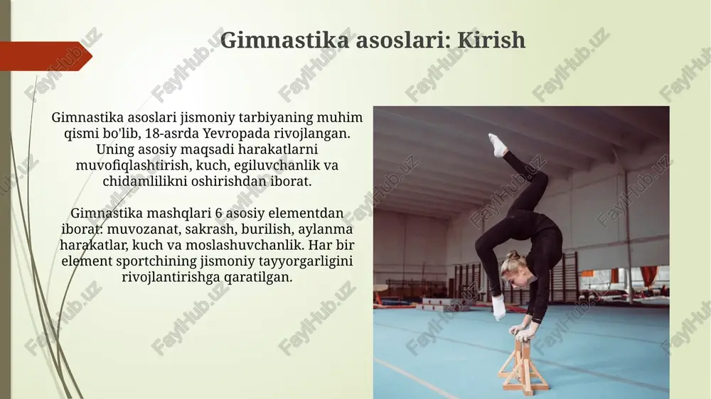 h. individualizatsiya prinsiplari individualizatsiya prinsiplari shug‘ullanuvchining yoshini, jinsini, tayyorgarlik darajasini hisobga olgan holda, 6-8 ta mashqni tanlab, uning individual xususiyatlariga moslashtirilgan dasturni tuzishni nazarda tutadi. 12 yoshli o‘smir uchun mo‘ljallangan murakkab elementlar 18 yoshli sportchi uchun yetarli emasligi sababli, individualizatsiya prinsipida yuklamani 70-80% intensivlikda oshirish kerak. muntazamlik prinsiplari muntazamlik prinsiplari mashg'ulot jarayonida 3-5 kunlik dam olish davrlarini belgilaydi, bu organizmning tiklanishi va ortiqcha yuklanishning oldini olish uchun zarur. o'quv mashg'ulotlarida muntazamlik prinsipi, haftada kamida 2-3 marta mashq qilishni talab qiladi, bu esa mushaklar kuchini va texnik ko'nikmalarni asta-sekin rivojlantiradi. farqlilik prinsiplari farqlilik prinsipida gimnastikachilarning individual xususiyatlari hisobga olinadi, har bir sportchining jismoniy va psixologik imkoniyatlariga moslashtirilgan 3 ta mashqlar tanlanadi. turli darajadagi qiyinchiliklar uchun moslashtirilgan 5 xil mashqlar seriyasi tuziladi, bu prinsip sportchining tayyorgarligini asta-sekin oshirishga yordam beradi. gimnastika turlari bo'yicha prinsiplar sport gimnastikasida harakatlarni progressiv ravishda o'zlashtirish muhim, dastlab oddiy elementlar 1-bosqichda o'rganilib, keyin 2-bosqichda murakkabroq kombinatsiyalarga o'tiladi. badiiy …