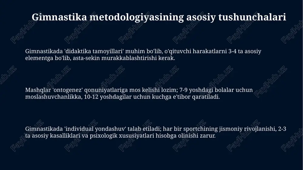 atini oshirish bosqichi 15 yoshdan boshlanib, individual dasturlarni mukammallashtirish, musobaqalarga tayyorgarlik ko’rish va yuqori natijalarga erishish uchun 20 soatdan ortiq mashqlar bilan xarakterlanadi. gimnastikachilarning yosh xususiyatlari 10-12 yoshda, suyaklar hali to'liq shakllanmaganligi sababli, tana vazni bilan bajariladigan mashqlarga ustunlik beriladi, bu esa jarohat xavfini kamaytiradi va texnikani takomillashtiradi. 7-9 yoshdagi gimnastikachilarda asosiy e'tibor moslashuvchanlik, muvofiqlik va koordinatsiyani rivojlantirishga qaratiladi, chunki bu yoshdagi bolalar tez o'rganish qobiliyatiga ega. 13-15 yoshdagi o'smirlarda pubertat davrida mushak massasi va kuchining oshishi kuzatiladi, shuning uchun murakkab elementlarni o'zlashtirish va intensiv mashg'ulotlar uchun imkoniyat yaratiladi. gimnastika zalida xavfsizlik qoidalari har bir mashg‘ulotdan oldin, 5-10 daqiqa davomida umumiy jismoniy tayyorgarlik mashqlari bilan tanani isitish, mushaklarni cho‘zish va bo‘g‘imlarni harakatga tayyorlash zarur. zalda gimnastika snaryadlaridan foydalanishdan oldin, ularning sozligi, mustahkamligi va xavfsizligini tekshirib ko‘rish, shikastlanish xavfini kamaytirishning muhim qoidasidir. gimnastika elementlarini bajarishda, ayniqsa qiyin elementlarda, doimiy ravishda yordamchi straxovkadan foydalanish, travmatizmdan himoyalanishning eng yaxshi usuli hisoblanadi. gimnastika mashqlarini …