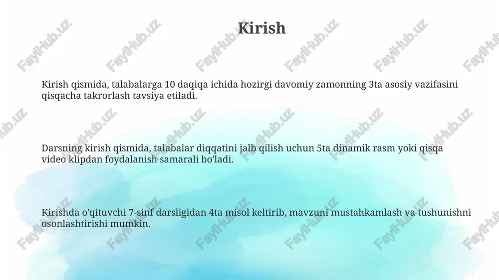 vom etayotgan zamon va hozirgi oddiy zamon davom etayotgan zamon (present continuous) nutq paytida sodir bo'layotgan harakatlarni ifodalaydi, masalan, 'men kitob o'qiyapman', oddiy zamon (present simple) esa odatiy yoki takrorlanuvchi harakatlarni, 'men har kuni kitob o'qiyman'. hozirgi davom etayotgan zamon (present continuous) gapda 'to be' (am, is, are) va fe'lning -ing shakli orqali tuziladi, hozirgi oddiy zamon (present simple) esa fe'lning asosi yoki -s/-es qo'shimchasi bilan ifodalanadi. vaqt belgilari davom etayotgan zamonda 'now', 'at the moment', 'today' kabi so'zlar bo'lishi mumkin, oddiy zamonda esa 'always', 'usually', 'often', 'every day/week/month/year' kabi so'zlar ko'p ishlatiladi. xatolardan saqlaning fe'lning noto'g'ri shaklini ishlatmang. masalan, "i am go" o'rniga "i am going" deyish kerak, chunki present continuous tense "be" fe'li va -ing qo'shimchasini talab qiladi. vaqt belgilari bilan e'tiborli bo'ling. "always", "often" kabi so'zlar present simple tense bilan ishlatiladi. "now", "at the moment" kabi so'zlar present continuous uchun ko'rsatkichdir. statik fe'llar (bilish, sevish, ishonish) odatda …