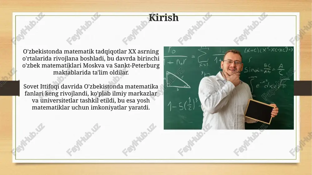 b, tuman, shahar, viloyat va respublika bosqichlari, har biri talabalarning matematik mahoratini oshirishga qaratilgan. respublika matematika olimpiadasida g'olib bo'lgan o'quvchilar xalqaro olimpiadalarga (imo) yo'llanma olishadi, u yerda o'zbekiston sharafini himoya qiladi va tajriba orttiradi. matematika fanini ommalashtirish ommalashtirish matematika bo'yicha 100 dan ortiq o'quv videolari va interaktiv darsliklarni yaratishni o'z ichiga oladi, bu tushunishni yaxshilash uchun muhimdir. matematika festivallari va tanlovlari har yili 5000 dan ortiq talabalarni jalb qiladi, ularning analitik fikrlash qobiliyatini rag'batlantiradi. qiyinchiliklar va yechimlar o'zbekistonda matematik ta'limning asosiy muammosi o'qituvchilarning malakasini oshirish, zamonaviy uslublar bilan tanishtirish va 21-asr talablariga moslashishdir. ilmiy tadqiqotlar yetarli moliyalashtirilmagani tufayli matematiklar xalqaro konferensiyalarda qatnashish imkoniyatlari cheklangan, bu esa yangi g'oyalarni o'zlashtirishga to'sqinlik qiladi. kelajakdagi rejalashtirilgan tadqiqotlar sonlar nazariyasida yangi algoritmlarni ishlab chiqish, xususan, katta sonlarni faktorlash uchun samaraliroq usullar yaratish, kriptografik xavfsizlikni yaxshilashga qaratilgan. funksional analizda operatorlar algebrasini chuqurroq o'rganish, ayniqsa, cheksiz o'lchovli hilbert fazosidagi operatorlarning spektral xususiyatlarini tadqiq qilish, kvant mexanikasiga …