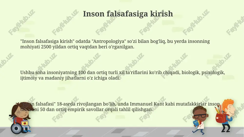 texnologiyalari va globallashuv sharoitida qayta ko'rib chiqilmoqda, uning o'ziga xosligi va qadriyatlari muhim ahamiyat kasb etmoqda. postmodernizm insonning universal mohiyati g'oyasini rad etadi va shaxsiy tajriba, madaniy kontekst va til o'yinlari orqali qurilgan shaxsiyatning murakkabligini o'rganadi. insonning mohiyati va mavjudligi inson mohiyati 2 ta asosiy jihatdan iborat: biologik va ijtimoiy. biologik jihat uning jismoniy tuzilishi, ijtimoiy jihat esa jamiyatdagi oʻrni va munosabatlarini belgilaydi. mavjudlik ekzistensializmda 3 ta bosqichdan oʻtadi: befarqlik (oddiy hayot), tanlash (oʻz yoʻlini izlash), mas'uliyat (tanlov uchun javobgarlikni his etish). insonda aql, hissiyot va iroda kuchi mujassam. aql faktlarni bilish, hissiyotlar olamni his qilish, iroda esa maqsad sari harakatlanish uchun 3 ta muhim vosita hisoblanadi. insonning o'rni olamda insonning olamdagi o'rni, ekologik muvozanatni saqlashda hal qiluvchi rol o'ynaydi, chunki uning faoliyati 7 milliarddan ortiq aholi uchun ta'sir ko'rsatadi. falsafiy nuqtai nazardan, insonning olamdagi o'rni, ongning mavjudligi bilan belgilanadi, bu esa 100 milliardlab neyronlar orqali reallikni anglash va o'zgartirish …