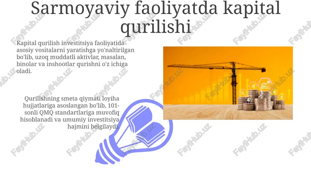 tiradi. bim (building information modeling) texnologiyasi loyihani 7d formatda vizuallashtiradi, qurilish xarajatlarini 20% kamaytiradi va loyiha muddatini qisqartirishga yordam beradi. kapital qurilishda davlat siyosati davlat investitsiya dasturlari orqali 2024-yilda infratuzilma loyihalarini moliyalashtirishning ustuvor yo'nalishlari belgilandi, bunda ijtimoiy sohalarga 40% mablag' ajratilishi ko'zda tutilgan. qurilish sohasida davlat nazoratini kuchaytirish maqsadida, 2023-yildan boshlab elektron tenderlar tizimi joriy etilib, shaffoflik darajasi 95% ga yetkazildi va korrupsiyaga qarshi kurash kuchaytirildi. kapital qurilishni rivojlantirish istiqbollari 01 02 2024-2026 yillarda infratuzilmani modernizatsiya qilishga qaratilgan davlat-xususiy sheriklik loyihalari 15 milliard dollargacha investitsiyalarni jalb qilishi kutilmoqda. sales 1st qtr 2nd qtr 100 0 sales 1st qtr 2nd qtr 100 0 xulosa xulosa shuni ko'rsatadiki, kapital qurilish investitsiyalari, ayniqsa, 2023-yilda davlat-xususiy sheriklik loyihalari orqali 15% ga oshdi, infratuzilmani rivojlantirishda muhim rol o'ynaydi. tadqiqot natijalari shuni ko'rsatdiki, 2024-yilda qurilish materiallari narxlarining 8% ga oshishi rejalashtirilgan, bu esa loyihalarning moliyaviy barqarorligini baholashni talab qiladi. e'tiboringiz uchun rahmat image4.png image5.jpg image6.jpg image7.jpg …