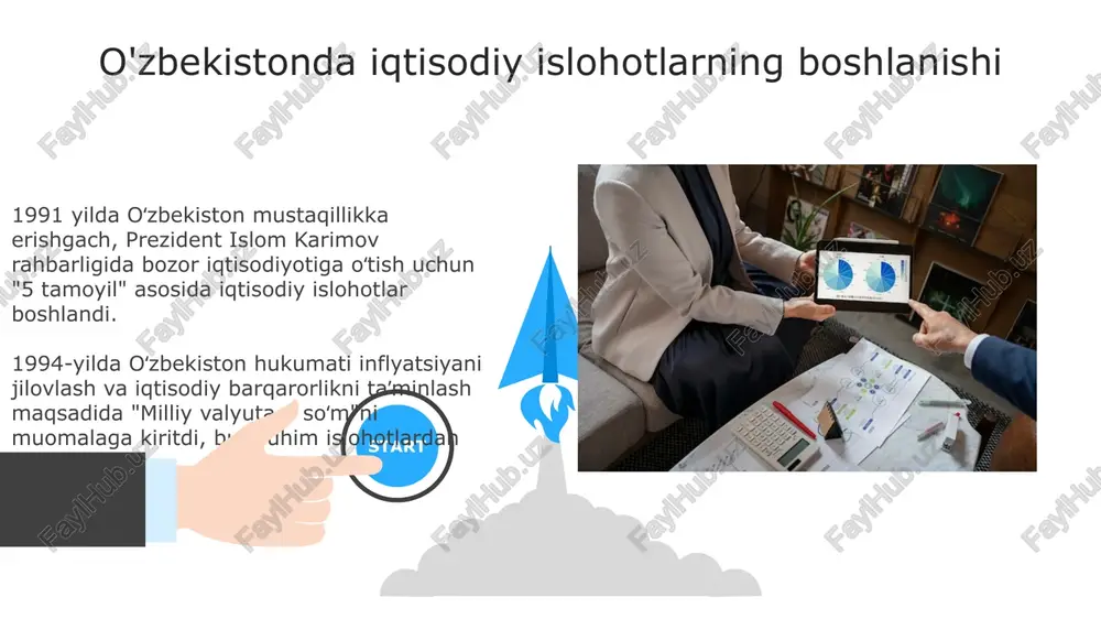 zbekiston markaziy banki valyuta intervensiyalarini kamaytirdi, valyuta kursining tebranishiga yo'l qo'ydi va eksportyorlarga valyuta tushumlarini erkin tasarruf etish imkonini berdi. narxlarni erkinlashtirish va raqobat muhitini yaratish 1990-yillarning oʻrtalaridan boshlab narxlarni erkinlashtirish, xususan, qishloq xoʻjaligi mahsulotlariga davlat buyurtmasini bekor qilish orqali raqobat muhitini yaratishga qaratildi. raqobat muhitini yaratish maqsadida, 2000-yillarda tabiiy monopoliyalarni tartibga solish, kichik biznes va xususiy tadbirkorlikni qo'llab-quvvatlash bo'yicha bir qator chora-tadbirlar amalga oshirildi. 06 05 04 davlat korxonalarini isloh qilish va boshqarish 01 02 davlat korxonalarini isloh qilish 2017-yildan so'ng jadallashdi, 100 dan ortiq strategik korxona xususiylashtirildi, investitsiya muhitini yaxshilash maqsadida. davlat korxonalari boshqaruvida samaradorlikni oshirish uchun 2019-yilda korporativ boshqaruv kodeksi qabul qilindi, bu xalqaro standartlarga moslashuvni ta'minladi. kichik biznes va xususiy tadbirkorlikning roli kichik biznes va xususiy tadbirkorlik yaimning sezilarli qismini (40% dan ortiq) ta'minlaydi, yangi ish o'rinlari yaratadi va aholi daromadlarini oshirishga xizmat qiladi. bu iqtisodiy o'sishning muhim omilidir. soha davlat tomonidan qo'llab-quvvatlanadi: soliq imtiyozlari, kreditlar …