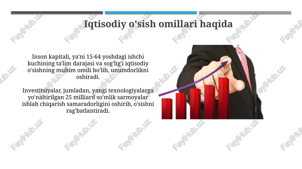 qat'iy mulk huquqlari, shuningdek, aktivlardan samarali foydalanishga yordam beradi; aniq egalik huquqi bo'lsa, aktivlar yuqori qiymatga ega foydalanishga o'tkazilishi mumkin, masalan, bozor orqali yer sotish va ijaraga berish. tashqi omillar xorijiy investitsiyalar texnologiyalar transferini, innovatsion g'oyalarni va ilg'or boshqaruv usullarini olib keladi, bu esa mamlakatning ishlab chiqarish samaradorligini 15-20% ga oshirishi mumkin. global savdo aloqalari davlatlarga o'z iqtisodiyotlarini diversifikatsiya qilish, yangi bozorlarga chiqish va xalqaro raqobatdosh ustunlikka erishish imkonini beradi, bu esa yaim o'sishiga 10-12% hissa qo'shadi. e'tiboringiz uchun rahmat image1.jpg image2.jpg image3.jpg image4.jpg image5.jpg image6.jpg image7.jpg image8.jpg image9.jpg image10.jpg image11.jpg image12.jpg