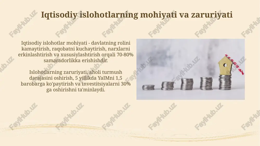 xorijiy investitsiyalar xususiy mulk sektoriga texnologiyalarni o'tkazish va innovatsiyalarni joriy etish orqali raqobatbardoshlikni oshirishga yordam beradi, natijada 20% unumdorlik o'sishi kuzatiladi. xususiy mulk sektoriga yo'naltirilgan xorijiy kapital, ko'pincha davlat-xususiy sheriklik (dxsh) loyihalarini moliyalashtiradi va bu orqali 15 yilgacha bo'lgan infratuzilma rivojlanishini tezlashtiradi. iqtisodiy islohotlarning xususiy mulk shakllanishidagi roli iqtisodiy islohotlar davlat aktivlarini xususiylashtirish orqali xususiy mulkni shakllantirishga yordam berdi, bunda 7000 dan ortiq korxona aksiyadorlik jamiyatlariga aylantirildi. iqtisodiy islohotlar xususiy mulkni rivojlantirish uchun investitsiya muhitini yaxshiladi, soliq imtiyozlari va qulay kreditlar taqdim etildi, bu esa o'z navbatida xususiy sektor o'sishiga olib keldi. xususiy mulkni rivojlantirishning istiqbollari va vazifalari xususiy mulkni himoya qilish bo'yicha 2026 yilgacha mo'ljallangan strategiya, mulk huquqlarini kafolatlash va investitsiya muhitini yaxshilashga qaratilgan. qishloq xo'jaligida esa 100 ming gektar yer xususiylashtirilishi kutilmoqda. raqamlashtirish orqali mulkni ro'yxatga olish jarayonini soddalashtirish, kadastr xizmatlari samaradorligini oshirish va korrupsiyani kamaytirish vazifasi qo'yilgan. mulkni rasmiylashtirish muddati 30 kunga qisqartirilishi rejalashtirilgan. mulkchilik munosabatlarining takomillashuvi: …