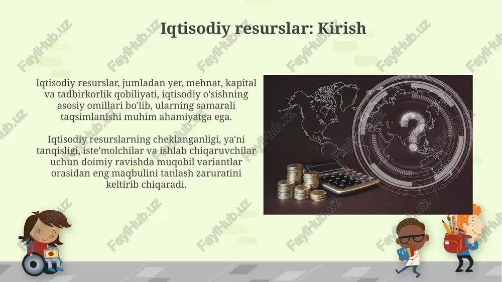bozor iqtisodiyoti va tanlov erkinligi bozor iqtisodiyotida tanlov erkinligi iste'molchilarning xohishlariga mos keladigan tovarlar va xizmatlarni ishlab chiqarish uchun resurslarni taqsimlashda muhim rol o'ynaydi. tanlov erkinligi sharoitida korxonalar foyda olish uchun raqobatlashadilar, bu esa innovatsiyalarga va 10% dan ortiq samaradorlikning oshishiga olib kelishi mumkin. rejali iqtisodiyot va resurslarni rejalashtirish rejali iqtisodiyot resurslarni taqsimlashda markaziy rejalashtirishdan foydalanadi, bunda narxlar mexanizmi emas, balki davlat ko'rsatmalari ustunlik qiladi. resurslarni rejalashtirishda 5 yillik rejalar kabi uzoq muddatli istiqbollar ishlab chiqiladi, bu esa ishlab chiqarish maqsadlarini belgilab, sarmoyalarni yo'naltiradi. arlash iqtisodiyot "arlash iqtisodiyot" turli mulk shakllarining, xususan, xususiy va davlat mulklarining mavjudligini nazarda tutadi, bu esa resurslardan samarali foydalanishga imkon beradi. "arlash iqtisodiyot" narxlar mexanizmi va davlat aralashuvi orqali tartibga solinadi, bu esa bozor muvozanatini ta'minlash va ijtimoiy adolatni amalga oshirishga yordam beradi. iste'molchilar tanlovi iste'molchilar tanlovi budjet cheklovlari va afzalliklari asosida maksimal foydali mahsulotlar to'plamini aniqlashni o'z ichiga oladi, masalan, a mahsulotdan 5 dona …