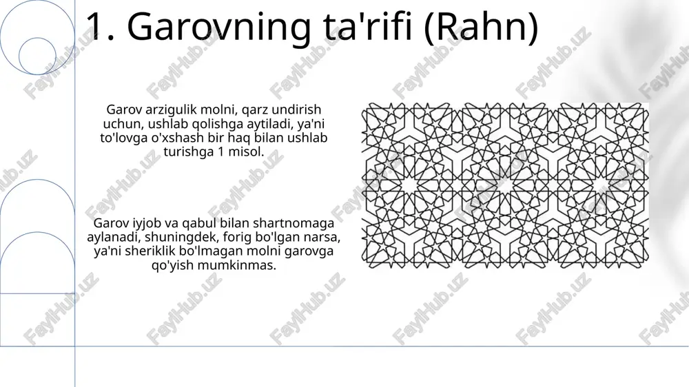 jatlar garovga olingan molni saqlash xarajatlari, masalan, qo'riqlash uchun to'lovlar, garov oluvchining zimmasida bo'ladi, chunki u molni manfaatdor holda ushlab turibdi. garovning boqiy qolishi uchun zarur bo'lgan xarajatlar, masalan, bog'ni sug'orish yoki hayvonni oziqlantirish xarajatlari, garov beruvchining zimmasidadir. 12.garovning bekor bo'lishi garov, asosiy qarz toʻliq toʻlanganida bekor boʻladi. qarzni kechish, hadya qilish yoki boshqa yoʻllar bilan bekor qilganda garov ham oʻz-oʻzidan tugaydi, 1-tamoyil. garovga qoʻyilgan narsa sotilganda, garov bekor boʻladi, lekin sotuvdan tushgan pul garov oʻrnini bosadi, yaʼni garov pulga koʻchadi. bu 2-tamoyilga asoslangan. 13.garov bilan bog'liq muammolar va ularning yechimlari garov mulkining qiymati qarzdan kam bo'lsa, qarzning bir qismi to'lanmay qolishi muammo bo'ladi. yechimi: qo'shimcha garov ta'minlash yoki qarzni qayta baholash orqali yechim topish mumkin. garovdagi narsaning yo'qolishi yoki shikastlanishi muammo tug'diradi. bunda, sug'urta qilish orqali riskni kamaytirish va garovni himoya qilish, shartnomada aniq belgilash kerak. 14.hanafiy va molikiy mazhablarida garovga qo'yilgan narsadan foydalanish hanafiy va molikiy mazhablarida garovga …