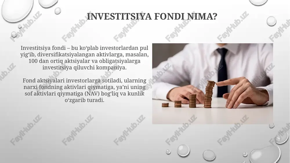 katsiya muhim ahamiyatga ega. qanday qilib fondni tanlash mumkin? fondning o‘tmishdagi faoliyatini baholang, lekin unutmangki, o‘tmishdagi natijalar kelajakdagi daromadlilikning kafolati emas. 3-5 yillik davrdagi ko‘rsatkichlarga e'tibor qarating. fondning xarajat nisbatiga e'tibor bering, chunki yuqori xarajatlar sizning daromadingizni kamaytirishi mumkin. 1 foizdan kam bo‘lgan xarajatlar yaxshi hisoblanadi. investitsiya fondlarining afzalliklari va kamchiliklari investitsiya fondlarining afzalliklaridan biri diversifikatsiyadir, ya'ni fond aktivlari turli xil aksiyalarga yo'naltiriladi, bu esa xavflarni kamaytiradi. kamchiliklar orasida boshqaruv xarajatlari mavjud. fond menejerlari va boshqaruv kompaniyalari xizmatlari uchun o'rtacha 1-2% gacha komissiya olishi mumkin. reglament va nazorat investitsiya fondining reglamenti uning investitsiya maqsadlari, strategiyalari va riskni boshqarish siyosatini belgilaydi, bu 199-sonli qonunga muvofiq investorlar uchun muhim. nazorat investitsiya fondining faoliyatini qonunchilik va reglament talablariga muvofiqligini ta'minlash uchun amalga oshiriladi, masalan, aktivlarni baholash standartlari (234-sonli standart). global investitsiya fondlari bozori global investitsiya fondlari bozorida aktivlar boshqaruvi 2023-yilda trillionlab dollarga yetdi, bu o'sishga texnologiya sektoridagi investitsiyalar sezilarli ta'sir ko'rsatdi. esg (ekologik, …
