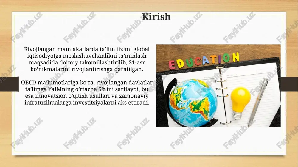 ncha davlat tomonidan subsidiyalanadi, ayniqsa kam ta’minlangan oilalar uchun, bunda 3 yoshdan 5 yoshgacha bo’lgan bolalar uchun dasturlar mavjud. baholash va imtihonlar ko'pgina rivojlangan davlatlar baholashning formativ usullariga e'tibor berishadi, bu o'quvchilarga individual ehtiyojlariga moslashish uchun muntazam fikr-mulohazalar va moslashuvlar beradi. standartlashtirilgan imtihonlar, masalan, pisa, o'quvchilarning 15 yoshida matematika, o'qish va fanning asosiy sohalarida bilimlarini baholaydi va mamlakatlararo taqqoslash imkonini beradi. xulosalar va tavsiyalar oliy taʼlimda moliyalashtirishni diversifikatsiya qilish zarur, jumladan, davlat grantlari 60% va xususiy sektor investitsiyalari 40% boʻlgan aralash modelga oʻtish tavsiya etiladi. steam (fan, texnologiya, muhandislik, sanʼat, matematika) fanlarini integratsiyalashgan holda oʻqitishni kengaytirish va har bir oʻquvchiga moslashtirilgan taʼlim dasturlarini joriy etish muhim ahamiyatga ega. e'tiboringiz uchun rahmat image7.jpg image8.jpg image9.jpg image10.jpg image11.jpg image12.jpg image13.jpg image14.jpg image15.jpg image16.jpg image17.jpg image18.jpg image3.png image4.png