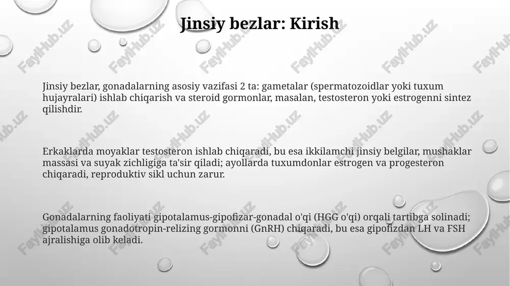 olib keladi. reproduktiv funktsiya va bepushtlik reproduktiv funktsiya erkak va ayol jinsiy hujayralarining (spermatozoidlar va tuxumhujayralar) yetilishini, urug'lanishini va homiladorlikni ta'minlash kabi jarayonlarni o'z ichiga oladi. bepushtlik, 12 oy davomida muntazam jinsiy aloqada bo'lishga qaramay homiladorlikning yuzaga kelmasligi, 15% ga yaqin juftliklarga ta'sir qiladigan muammo hisoblanadi. reproduktiv funktsiyani baholash uchun sperma tahlili, gormonal testlar (fsh, lh, estradiol), ultratovush tekshiruvi kabi usullar qo'llaniladi, bepushtlik sabablarini aniqlashda muhim. jinsiy bezlar bilan bog'liq kasalliklar polikistik tuxumdonlar sindromi (pkos) ayollarda gormonal nomutanosiblikni keltirib chiqaradi, bu esa bepushtlik, hayz ko'rish siklining buzilishi va metabolik muammolarga olib kelishi mumkin. gipogonadizm erkaklarda testosteron ishlab chiqarishning yetarli emasligi bilan bog'liq bo'lib, bu jinsiy xususiyatlarning rivojlanishiga va reproduktiv funktsiyaga ta'sir qilishi mumkin. jinsiy yo'l bilan yuqadigan infektsiyalar (jyui), masalan, xlamidiya va gonoreya, jinsiy a'zolarga zarar yetkazishi va davolanmasa, bepushtlikka olib kelishi mumkin. bkp tadqiqotlarida jinsiy bezlar gormonlarining roli bkp tadqiqotlarida jinsiy bezlar gormonlarining roli erkaklarda testosteron darajasini o'rganish bilan …