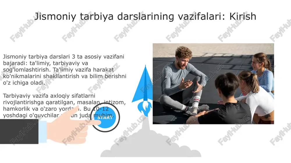 -sinf o'quvchilarida jamoaviy harakatlar orqali shakllanadi; bu, o'z navbatida, muvaffaqiyatli natijalarga olib keladi. 06 05 04 estetik tarbiya 01 02 estetik tarbiya 5 hissiyot orqali go'zallikni idrok etish va 3 ta asosiy estetik ideal: uyg'unlik, mutanosiblik va nafosatni anglashga qaratilgan. jismoniy mashqlar orqali 4 xil estetik sifatlar, jumladan, harakatlarning plastikligi, ritmikligi, 2 ta shakl uyg'unligi va 1 ta go'zallik idealini tarbiyalash mumkin. vatanga muhabbat ruhida tarbiyalash "vatanga muhabbat" darslarida 10-11-sinf o'quvchilarida milliy g'urur va iftixorni shakllantirish, ularni vatan himoyasiga tayyorlash vazifasi muhim. yosh avlodda "milliy istiqlol g'oyasi" asosida vatanparvarlik ruhini tarbiyalash orqali ularning 17 yoshdan boshlab harbiy xizmatga bo'lgan qiziqishini oshirish zarur. xavfsizlik texnikasi qoidalari jismoniy mashg'ulotlar paytida zaldagi jihozlardan foydalanishdan oldin ularning texnik sozligiga ishonch hosil qiling, nosozlik bo'lsa, zudlik bilan o'qituvchiga xabar bering. har bir sport turi uchun tasdiqlangan xavfsizlik qoidalariga qat'iy rioya qilish shart. qo'shimcha himoya vositalaridan (tizzaliklar, bilakliklar, dubulg'alar) foydalanish jarohatlar xavfini kamaytiradi. har bir darsning …