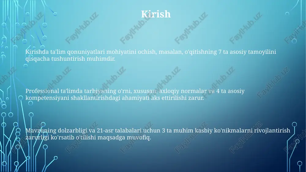 kodeksiga binoan, o'z kasbiy mahoratini doimiy ravishda oshirib borishi, innovatsion ta'lim texnologiyalarini qo'llashi va o'quvchilarning bilim olishiga ko'maklashishi kerak. talabalarning shaxsiy xususiyatlarini hisobga olish shaxsiy o'quv tezligini hisobga olish, ayniqsa, 15% sekin o'qiydigan talabalar uchun moslashtirilgan topshiriqlar berish muhim ahamiyatga ega. talabalarning kognitiv uslublarini inobatga olish, masalan, 70% vizual o'rganuvchilar uchun vizual materiallardan foydalanish samaradorlikni oshiradi. intellektning turli xil turlarini (masalan, 30% mantiqiy, 25% lingvistik) tushunish ta'lim strategiyalarini optimallashtirishga yordam beradi. ta'limda innovatsion texnologiyalardan foydalanish ta’limda innovatsion texnologiyalar, masalan, 3d modellashtirish orqali o’quv materiallarini vizuallashtirish, tushunish darajasini 25% ga oshirishi mumkin. virtual reallik (vr) texnologiyalari yordamida talabalar xavfsiz muhitda amaliy ko’nikmalarni egallashlari mumkin, bu esa xatolik xavfini kamaytiradi. sun’iy intellektga asoslangan adaptiv o’quv platformalari har bir talabaning individual ehtiyojlariga moslashib, o’quv jarayonini 30% ga tezlashtirishi mumkin. ta'lim muhitining ta'siri ta'lim muhitining ijobiy ta'siri talabalarning 75% gacha o'zlashtirish darajasini oshirishi mumkin, bu esa interaktiv usullar bilan bog'liq. noto'g'ri ta'lim muhiti 40% …
