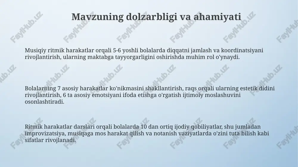 0% musiqa ritmiga mos bo'lishi kerak. baholash mezonlari ijodiy ifoda mezonlari, masalan, 5 ta turli musiqa asbobiga ritmik moslashuvchanlik va hissiylik 1 dan 4 ballgacha o'lchanadi. bolalarning 8 ta asosiy ritmik harakatni aniq bajarish darajasi, masalan, yurish, yugurish va sakrashni 1 dan 3 gacha baholash orqali aniqlanadi. musiqiy ritmga 7 ta oddiy harakat kombinatsiyasini sinxronlashtirish qobiliyati 0 dan 2 gacha baholanadi, bu yerda 2 - mukammal muvofiqlikni anglatadi. kutilayotgan natijalar kutilayotgan natijalarga 70% bolalar ritmik harakatlarni to'g'ri bajarishni o'zlashtirishi, 60% esa musiqiy asarlar tempiga moslashuvchanlikni namoyon etishi kiradi. mashg'ulotlar so'ngida 85% bolalar ritmik harakatlarni bajarishda koordinatsiyani yaxshilaydi, 50% esa oddiy xoreografik elementlarni ijro eta oladi. kutilayotgan natijalarda 40% bolalar musiqaga bo'lgan qiziqishini oshirishi va 30% ijodiy qobiliyatlarini, masalan, improvizatsiya elementlarini namoyon etishi mumkin. e'tiboringiz uchun rahmat image4.png image1.jpeg