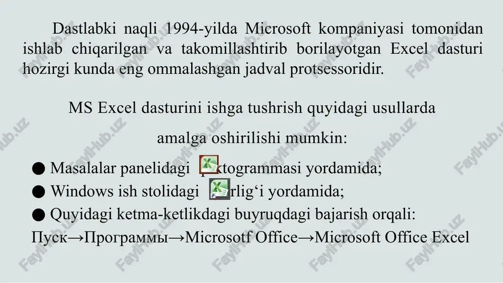 klar to‘plamidir (b2:d4). elektron jadvallarda bir katakchadan boshqa joyga murojaat qilish mumkin. murojaat – formula yozishda ishlatilayotgan katakcha, satr, ustun yoki katakchalar blokining adresidir. elektron jadvallarda nisbiy va absolyut murojaat qo‘llaniladi. nisbiy murojaatda formula nusxasidagi katakchalar adreslari nusxa joylashtirilayotgan katakchaga mos o‘zgaradi. absolyut murojaatda katakcha adresi o‘zgarmaydi. elektron jadvallarda absolyut adres xususiyatini ifodalash uchun maxsus “$” belgisidan foydalaniladi. excel elekron jadvalida formulalar satri ma’lumot va formulalarni yozish hamda tahrirlash uchun ishlatilishi mumkin. formulalar satri yonidagi belgisi funksiyani tanlash va katakchaga joylashtirish imkonini beradi. ms excelda ishlash jarayonida yuzaga kelishi mumkin bo‘lgan xatoliklar: #### ma’lumot katakka sig‘magan #del/0 hisoblash formulasida 0 raqamiga bo‘lish holati mavjud #znach! formulada mumkin bo‘lmagan ifodalar qatnashgan. masalan, kiril shriftida o‘zgaruvchilar ishlatilayotgan bo‘ishi mumkin. #imya? formulada funksiya o‘zgaruvchisi yoki qiymat noto‘g‘ri kiritilgan ms excelda ishlash jarayonida yuzaga kelishi mumkin bo‘lgan xatoliklar: #ssilka! katakka noto‘g‘ri murojat qilingan #pusto! katakka noto‘g‘ri oraliqda murojat qilingan #chislo! formulada funksiya o‘zgaruvchisi yoki …