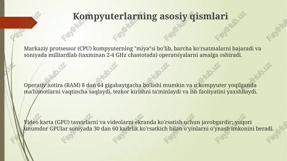 soblash blokidir. protsessorning asosiy vazifalaridan biri – xotiradan (ram) ma'lumotlarni o'qish va yozish. ma'lumotlar tezkor xotirada vaqtinchalik saqlanadi, protsessor ularni 10-100 nanosekund ichida o'qiydi. protsessor kompyuterning barcha qurilmalari, masalan, klaviatura, sichqoncha va monitorlar o'rtasida aloqani muvofiqlashtiradi. u turli qurilmalardan keladigan 0 va 1 signallarini boshqaradi. kirish va chiqarish qurilmalari mikrofonlar tovush to'lqinlarini elektr signallariga o'zgartiradi, bu signallar keyinchalik kompyuter tomonidan qayta ishlanadi va 48 khz gacha bo'lgan chastotalarda ovoz yozish imkonini beradi. sensorli ekranlar ham kirish, ham chiqarish qurilmasi bo'lib xizmat qiladi, foydalanuvchi interfeysi orqali 2d koordinatalarni aniqlaydi va vizual ma'lumotlarni 16 million rangda aks ettiradi. plotterlar katta formatli qog'ozlarda aniq chizmalar yaratish uchun mo'ljallangan bo'lib, ular ko'pincha arxitektura va muhandislik sohalarida 0.0005 dyuymgacha bo'lgan aniqlikda vektor grafikani chop etadi. kompyuter tarmoqlari kompyuter tarmoqlari orqali ma'lumotlar 1000 megabit tezlikda (1 gigabit) yoki undan ham yuqori tezlikda uzatilishi mumkin, bu katta fayllarni tezkor almashish imkonini beradi. simsiz tarmoqlar, masalan wi-fi, 2.4 …